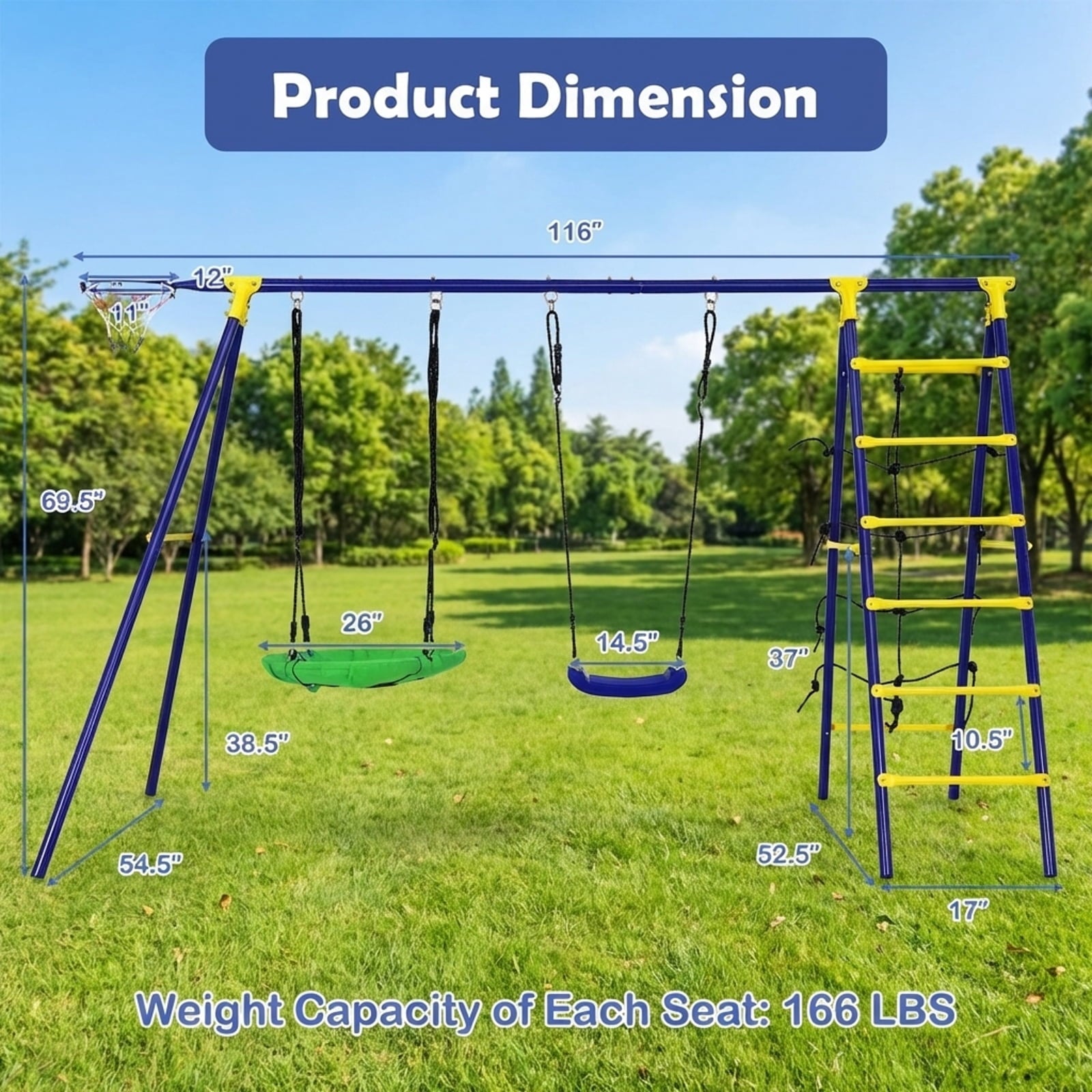 Redsmile 5-In-1 Outdoor Kids Swing Set with A-Shaped Metal Frame and Ground Stake - Blue - Backyard Play