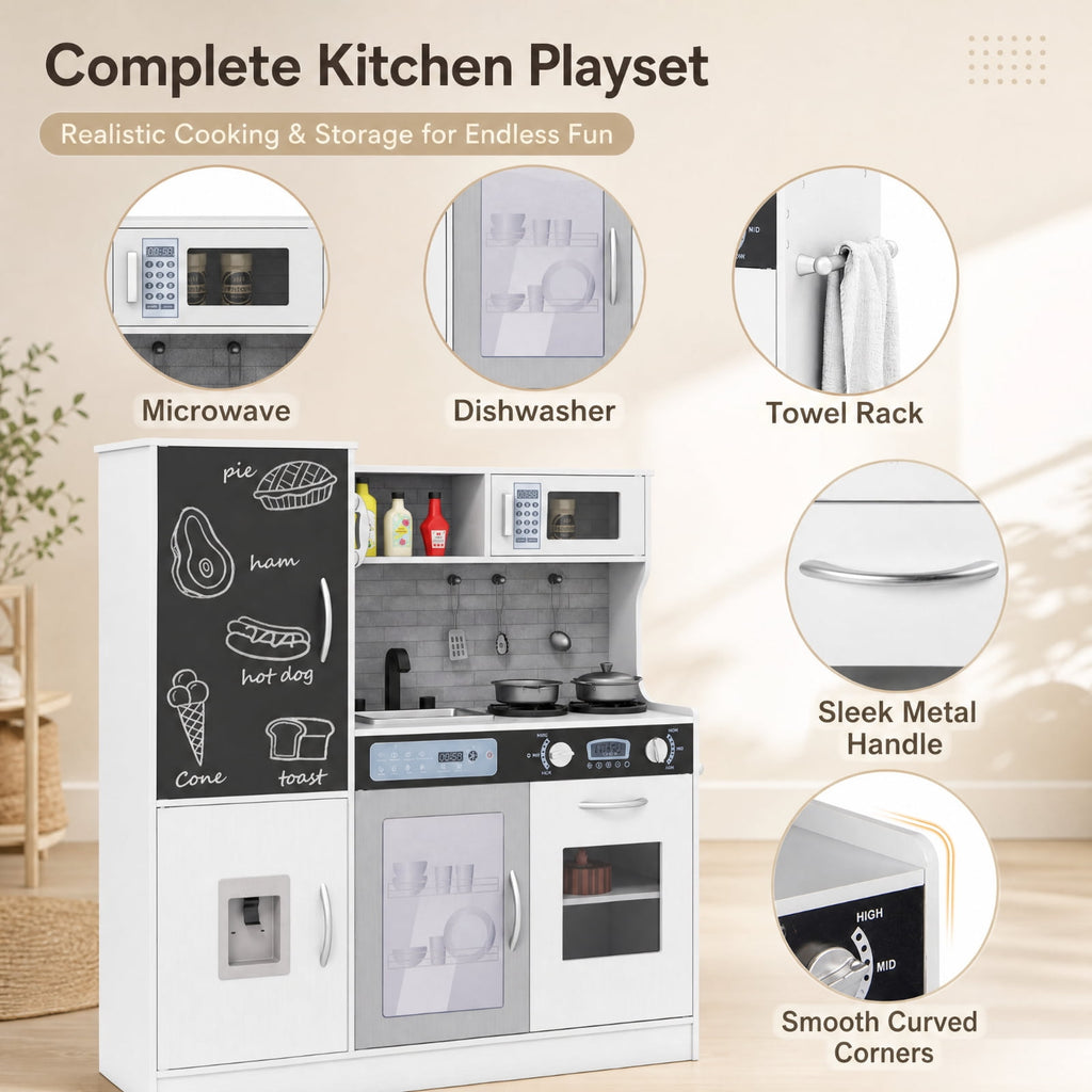 Redsmile Pretend Play Kitchen Set for Kids 3+ Years, Toddler Kitchen Playset with Light-Up Stove, Sound Water Dispenser, Dishwasher, Oven, Chalkboard and Utensils, Christmas Gift, Silver