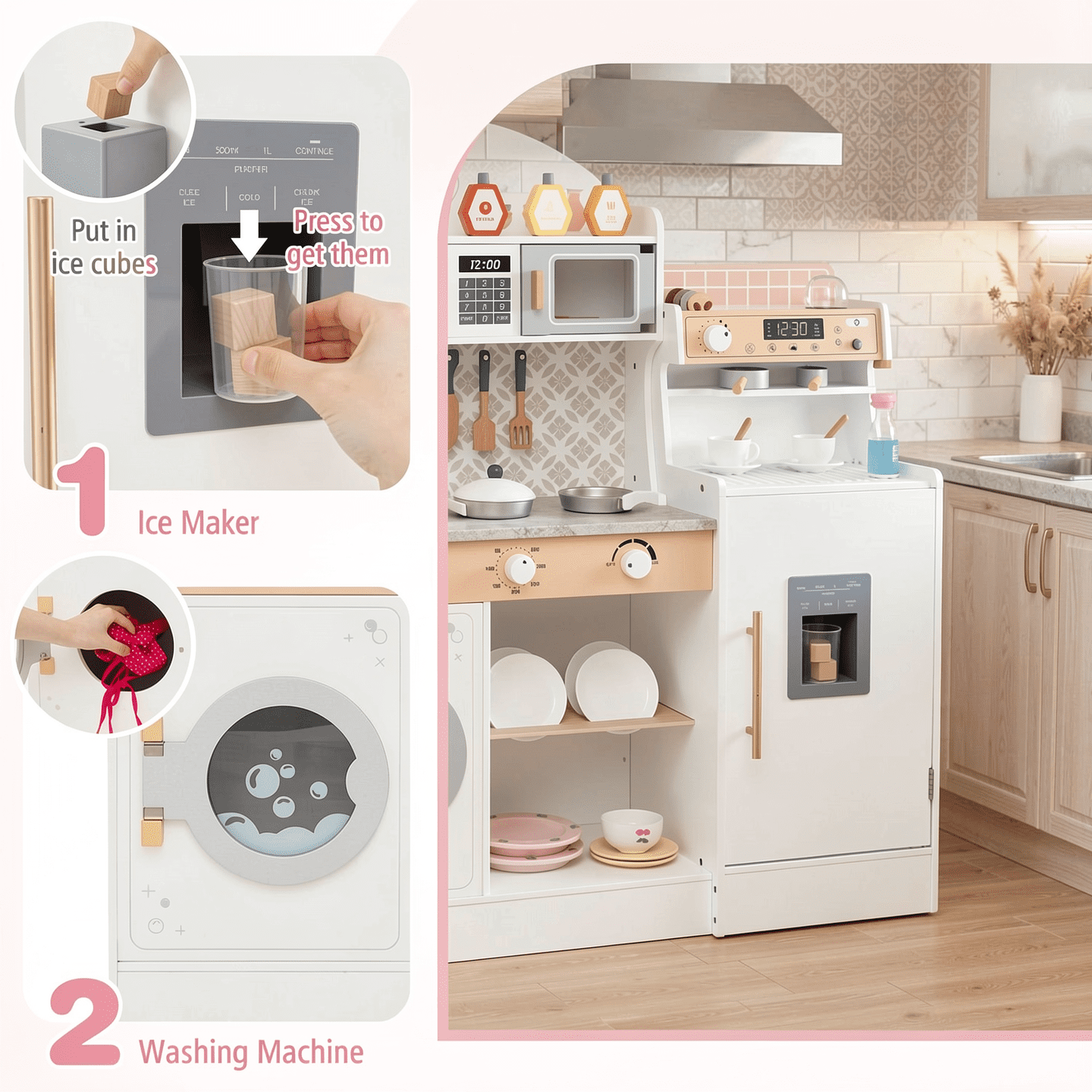 Redsmile Play Kitchen,Wooden Kids Kitchen Playset with Coffee Maker and Accessories,Pretend Play Toy with Realistic Lights and Sounds,Gift for Girls Boys Ages 3-10,White