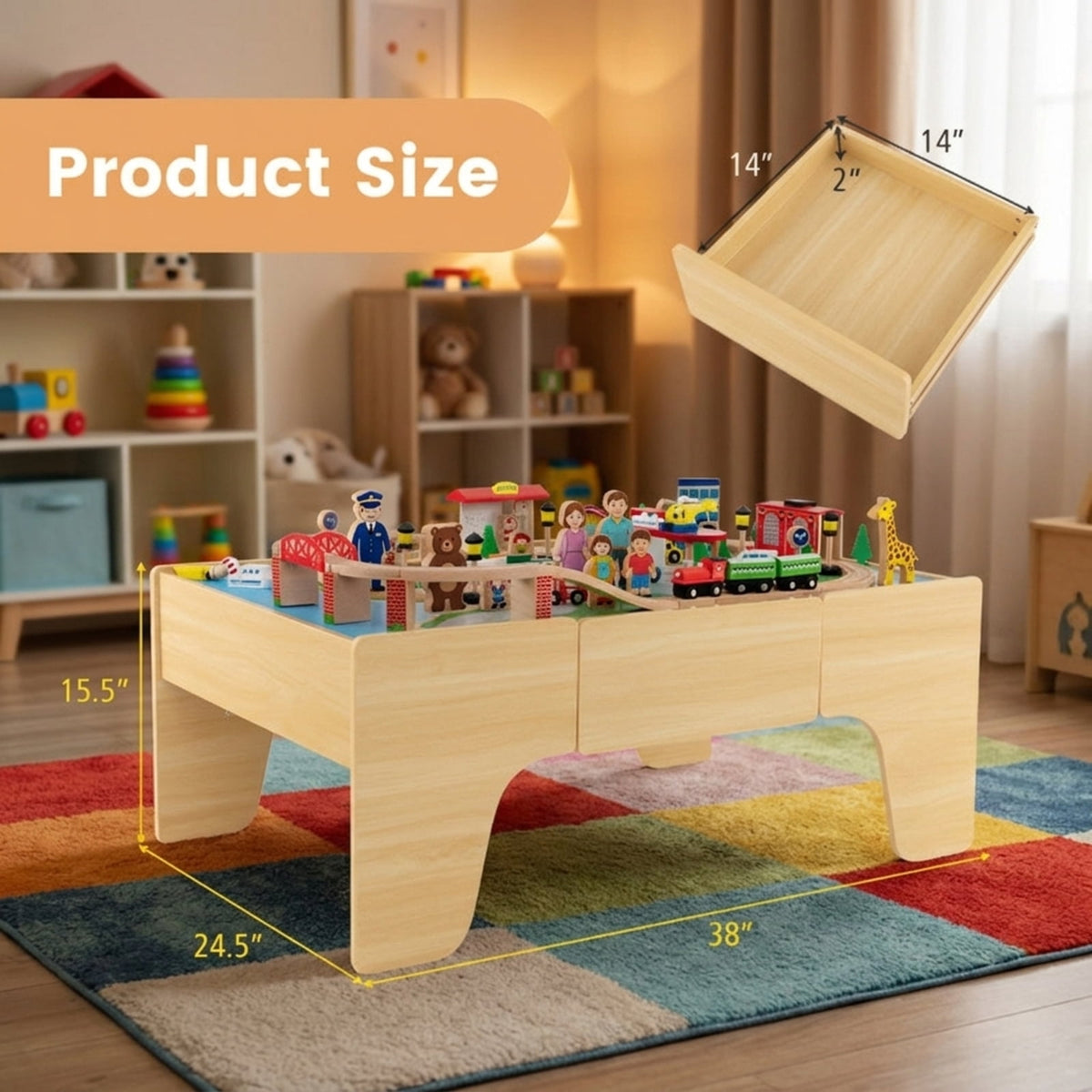 Redsmile 84-Piece Wooden Train Set with Reversible Tabletop and Storage Drawer, Train Set for Kids, Toy Train Set, Train Table with Storage for Toddlers Boys Girls, Christmas Gift, Natural