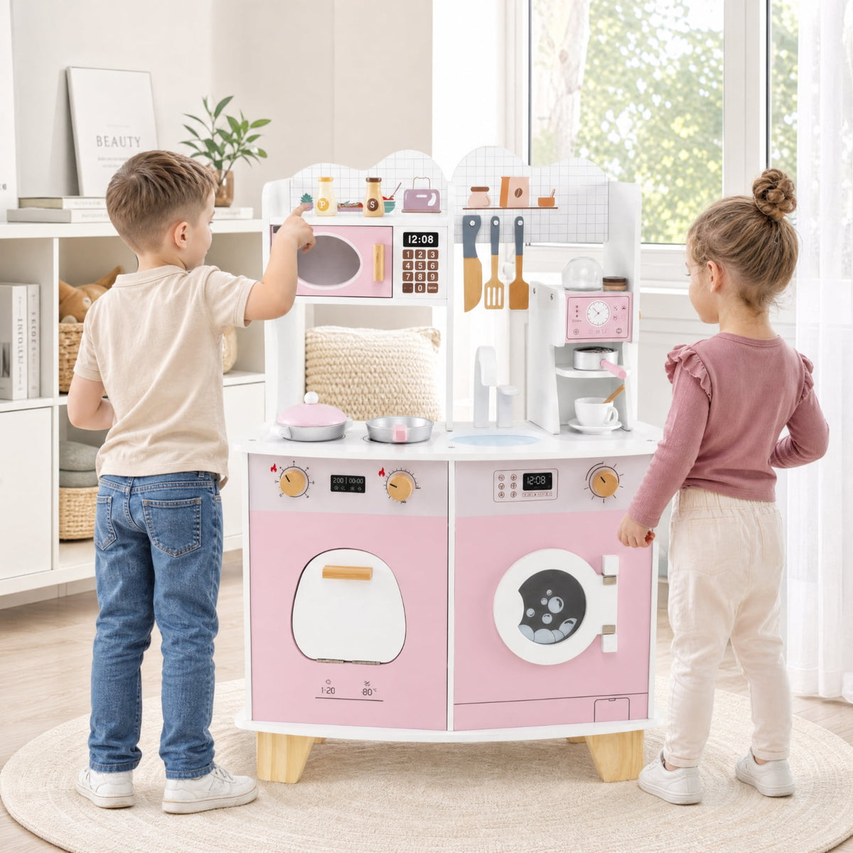 Redsmile Wooden Kids Kitchen Playset for Toddlers 3+ Years, Pretend Play Kitchen with Coffee Maker, Microwave, Oven, Stove, Sink and Washing Machine, Click-Sound Knobs, Christmas Gift, Pink