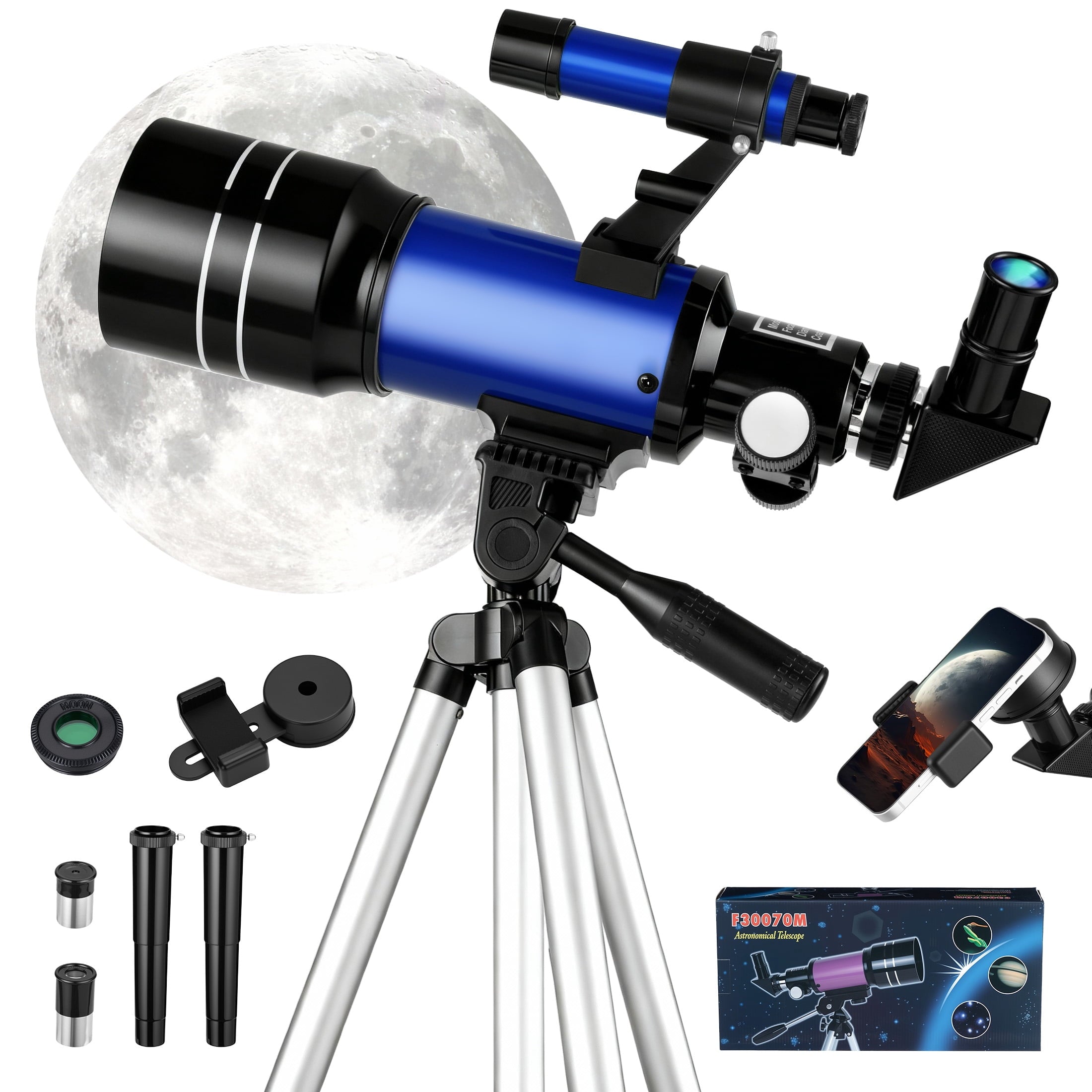 Redsmile Telescope for Kids Adults Beginners70mm Aperture 300mm Refractor Telescope with Tripod Phone Adapter and Barlow Lens20x to 150x Magnification for AstronomyBlue