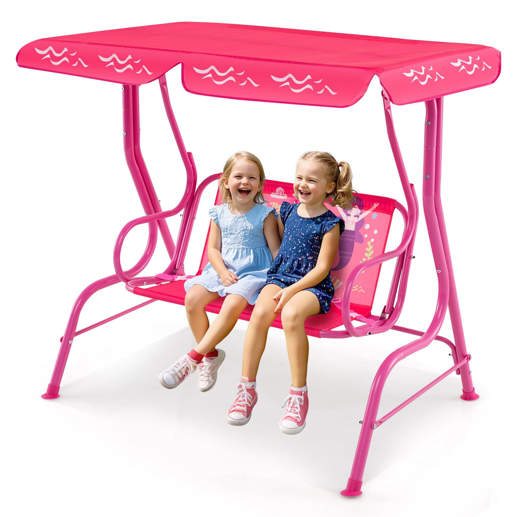 Redsmile 2-Seater Kids Patio Swing with Metal Stand and Adjustable Canopy - Pink - Backyard Play - Outdoor Fun