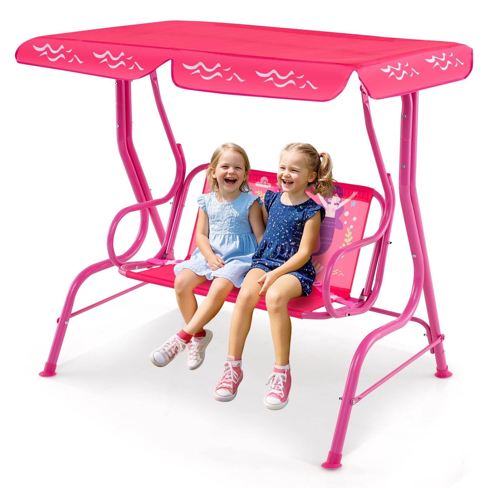 Redsmile 2-Seater Kids Patio Swing with Metal Stand and Adjustable Canopy - Pink - Backyard Play - Outdoor Fun