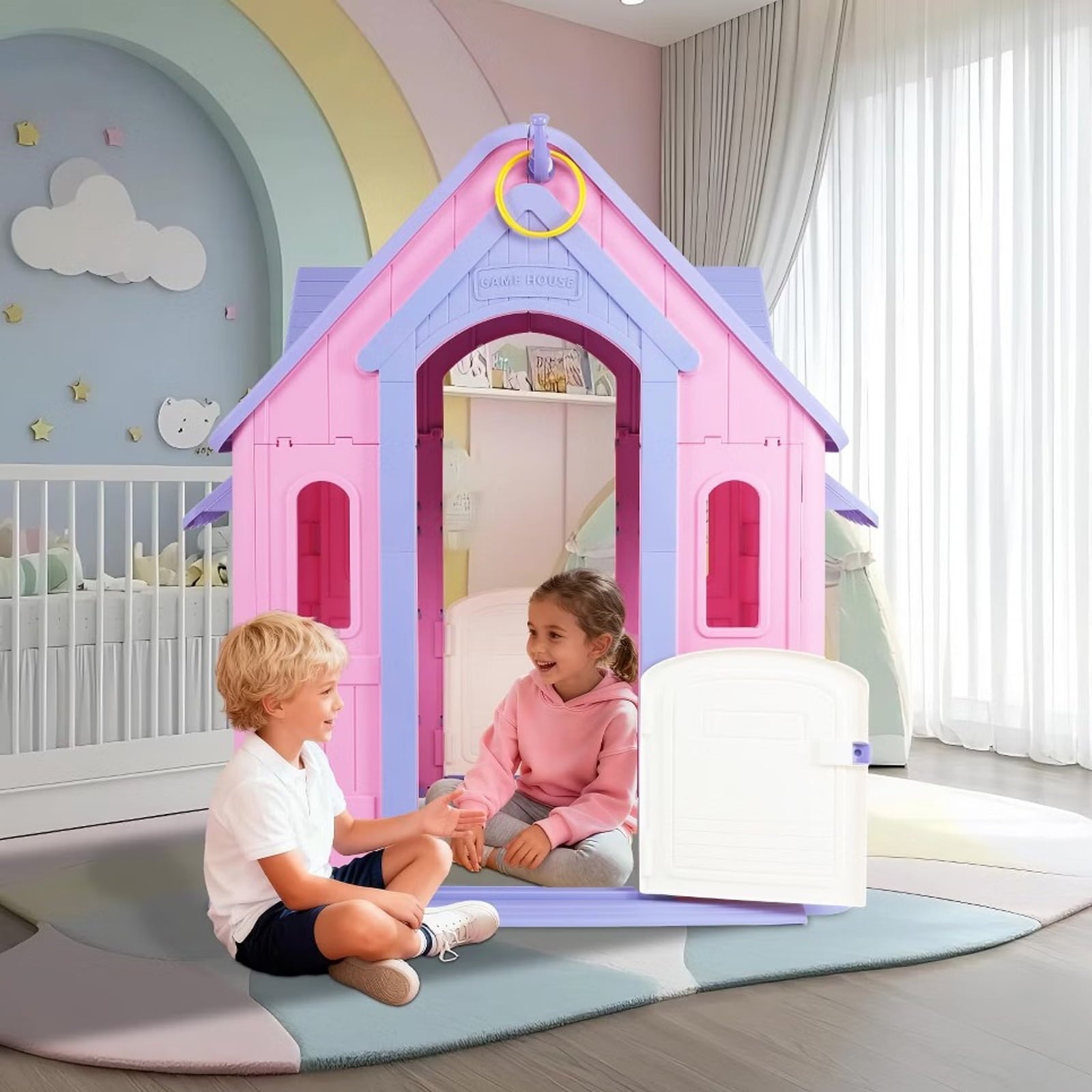Redsmile Playhouse for Kids,Kids Playhouse with Basketball Ring Toss Play and DIY Stickers, Activity Center Game House for Indoor Outdoor,Gift for Girls Boys