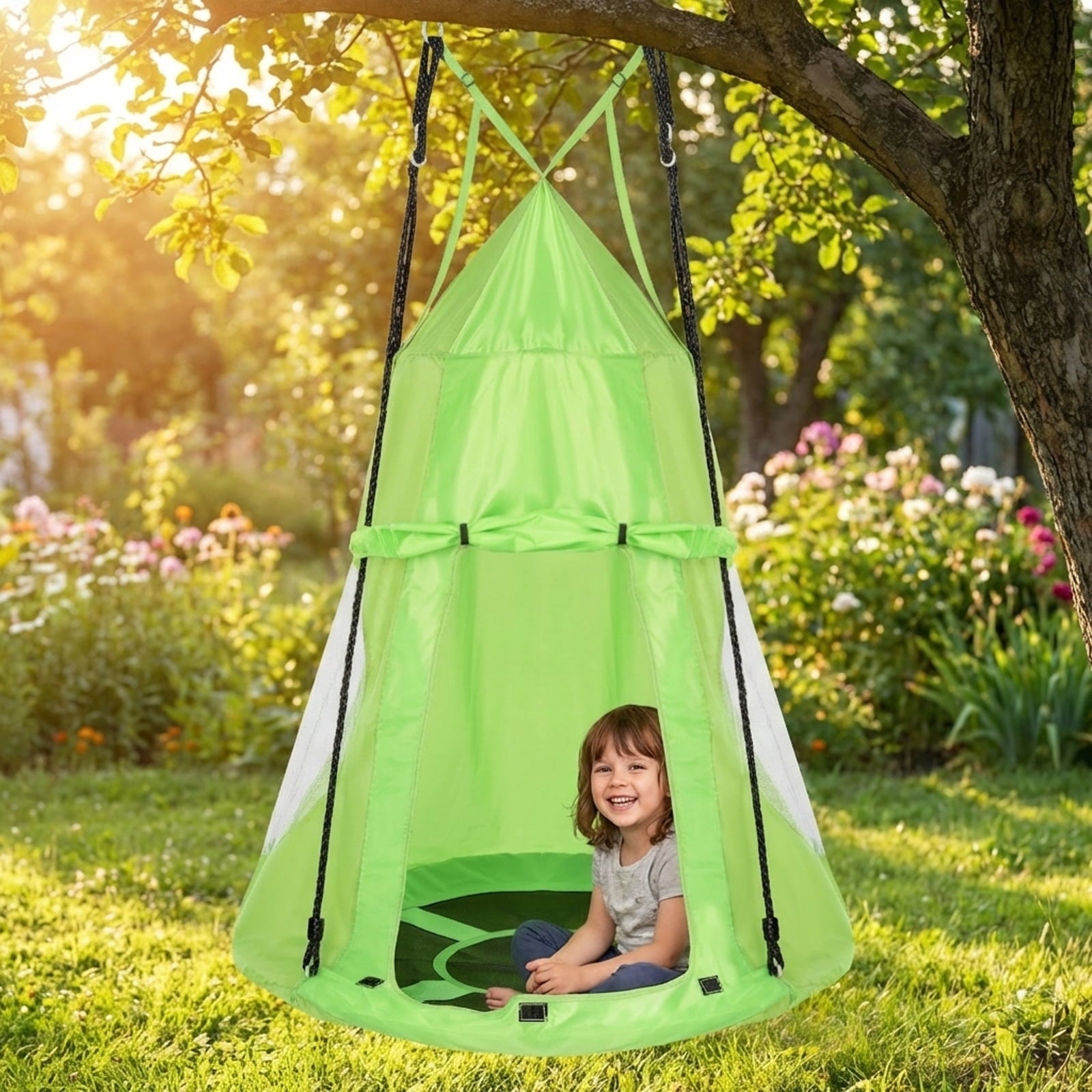 Redsmile 2-in-1 40 Inch Kids Hanging Chair Detachable Swing Tent Set 330 lbs Capacity Indoor Outdoor Play - Green