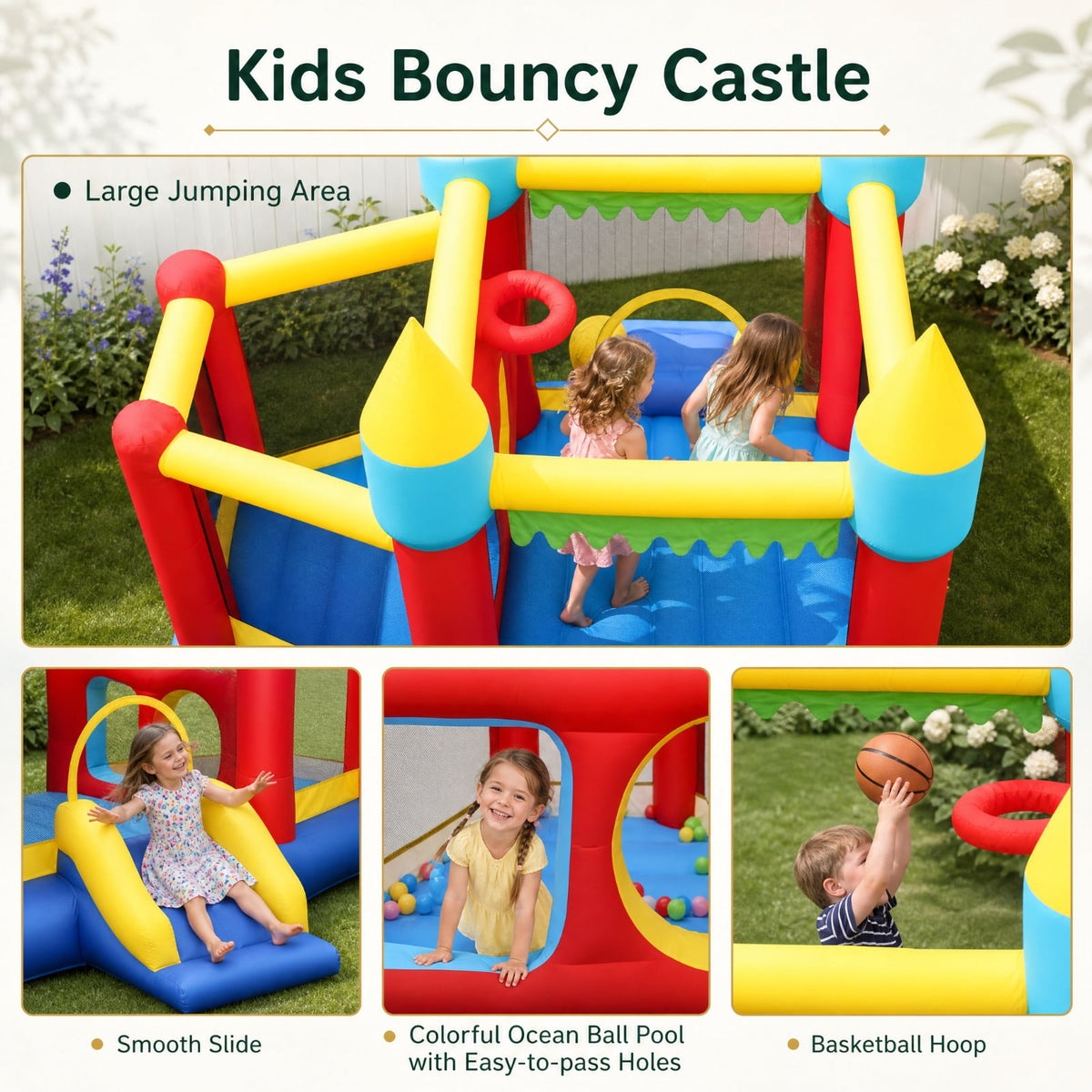 Redsmile Inflatable Bounce House with Slide, Kids Jumping Castle with 100 Ocean Balls and Basketball Hoop for Ages 3-10, Bounce House for Kids Boys Girls, ASTM Certified (Without Blower)