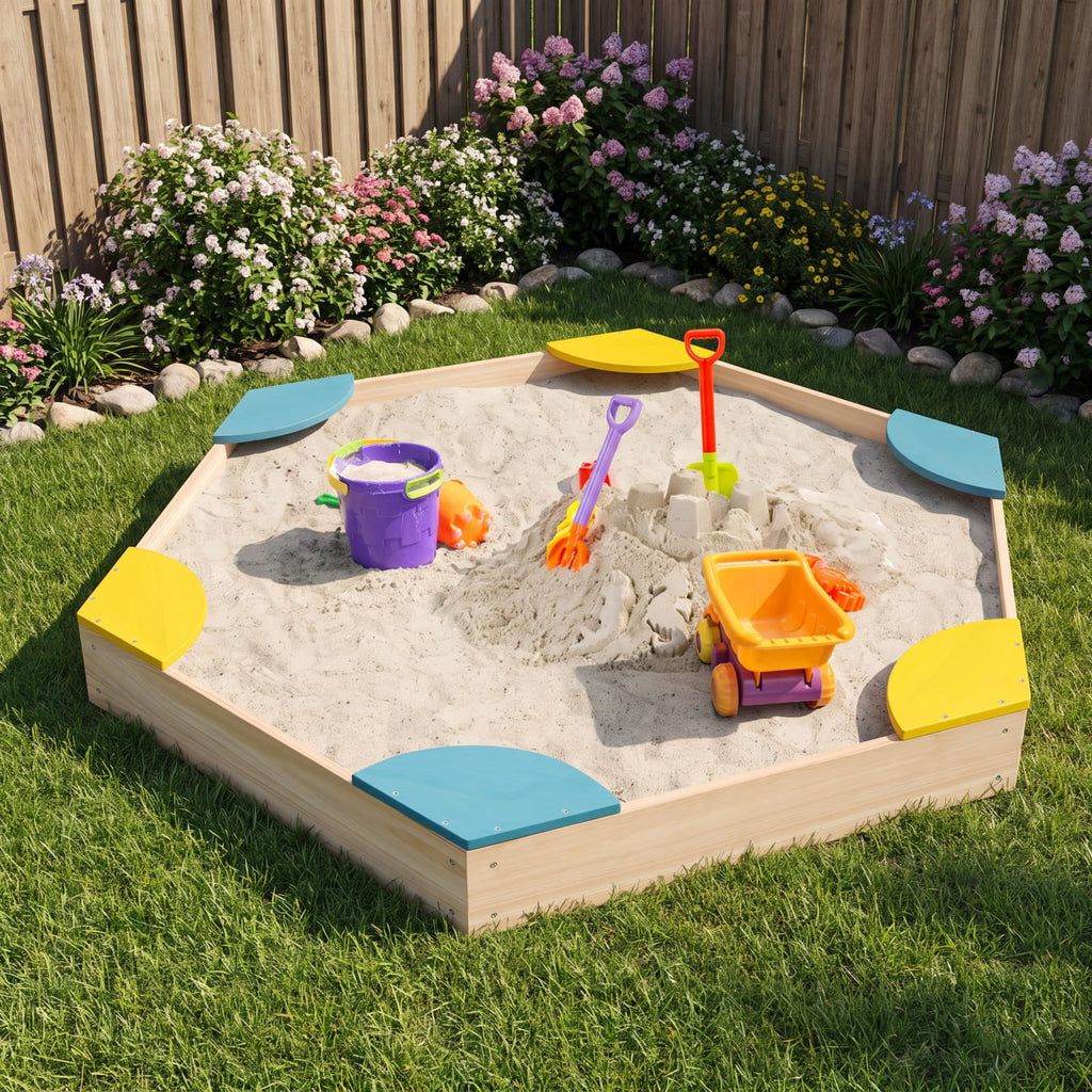 Redsmile Outdoor Solid Wood Sandbox with 6 Built-in Fan-shaped Seats for Kids Backyard Playground Summer Fun