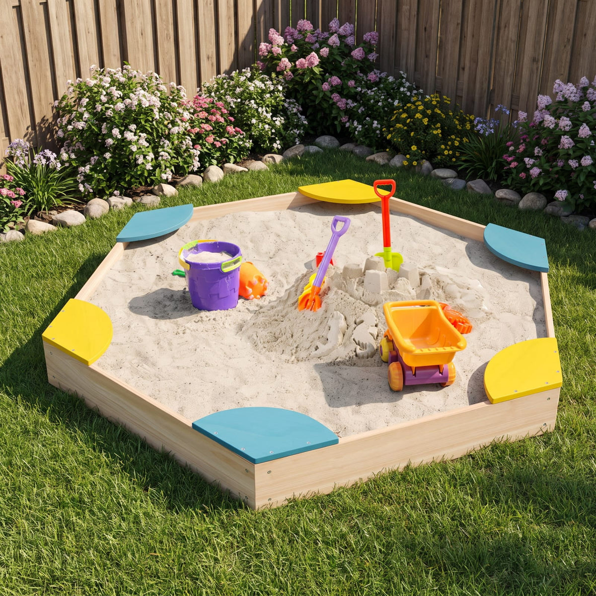 Redsmile Outdoor Solid Wood Sandbox with 6 Built-in Fan-shaped Seats for Kids Backyard Playground Summer Fun