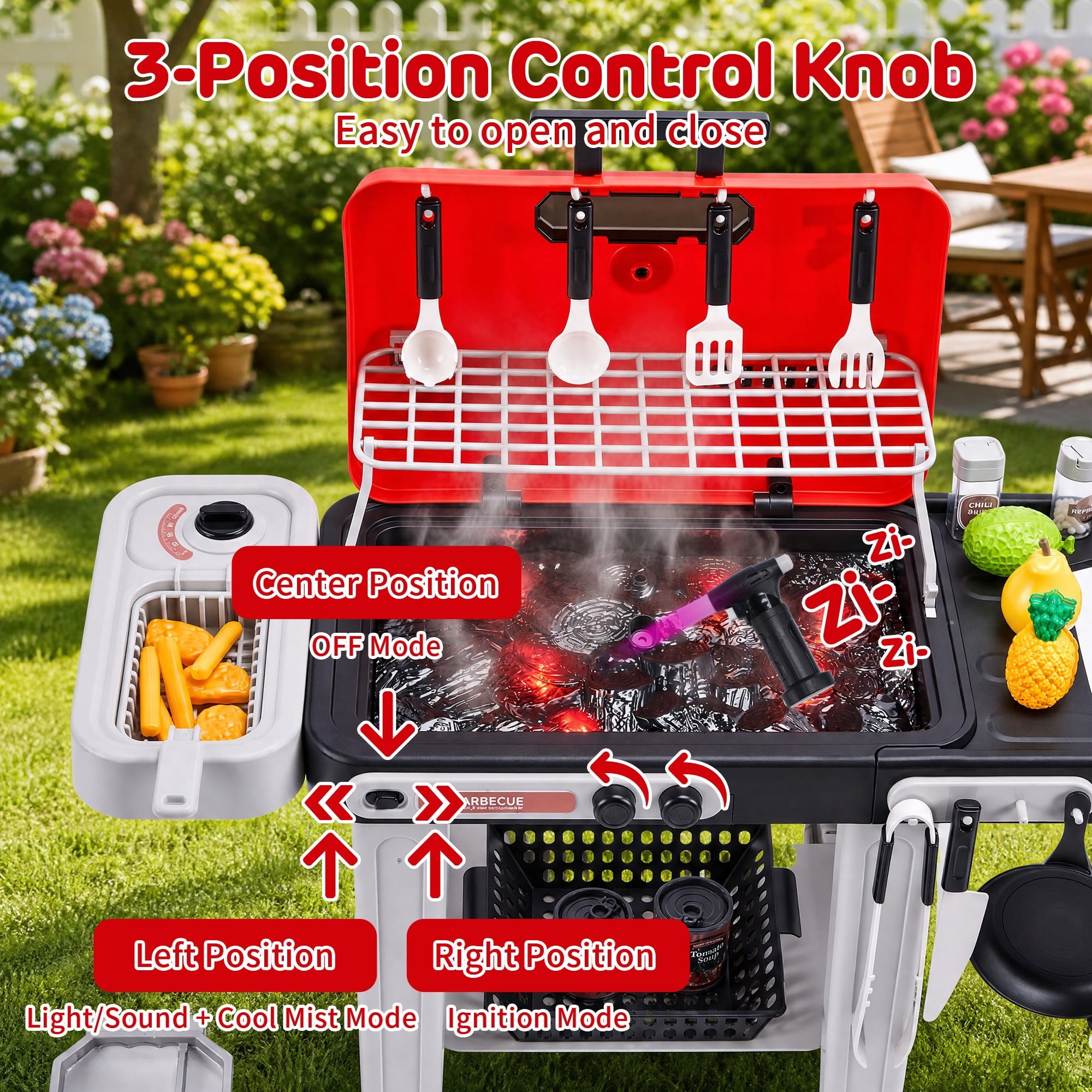 Redsmile Kids BBQ Grill Toy with Spray Light and Sound, Color-Changing Play Food Set, Pretend Play Kitchen Toy for Boys Girls