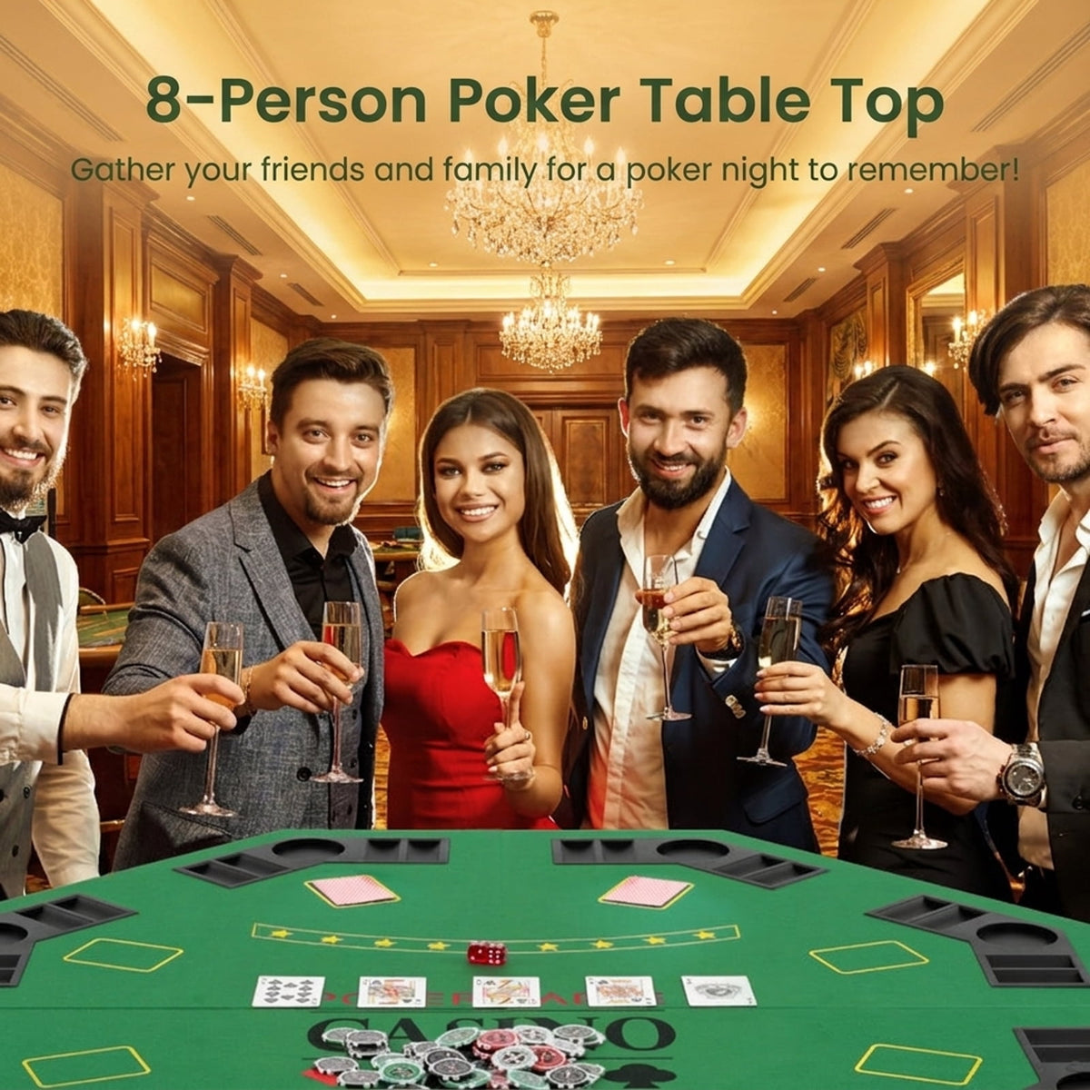 Redsmile 48 Inch 8-Player Foldable Poker Table Top with Carrying Bag, Portable Round Card Game Table Topper with 8 Cup Holders and Chip Trays for Texas Holdem Home Party, Green