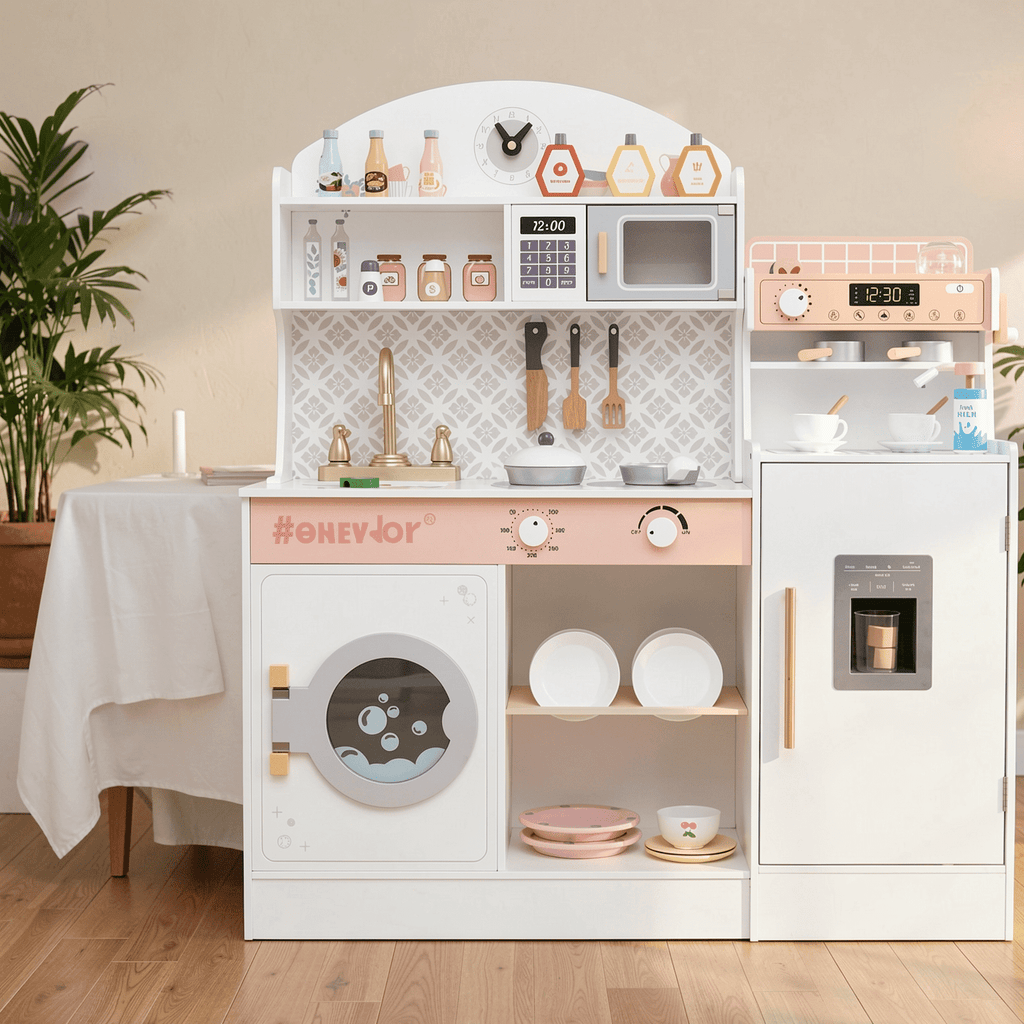 Redsmile Play Kitchen,Wooden Kids Kitchen Playset with Coffee Maker and Accessories,Pretend Play Toy with Realistic Lights and Sounds,Gift for Girls Boys Ages 3-10,White