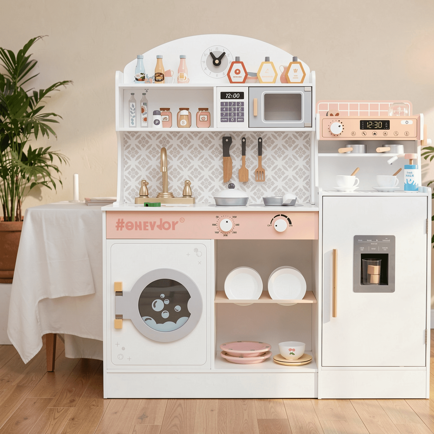 Redsmile Play Kitchen,Wooden Kids Kitchen Playset with Coffee Maker and Accessories,Pretend Play Toy with Realistic Lights and Sounds,Gift for Girls Boys Ages 3-10,White