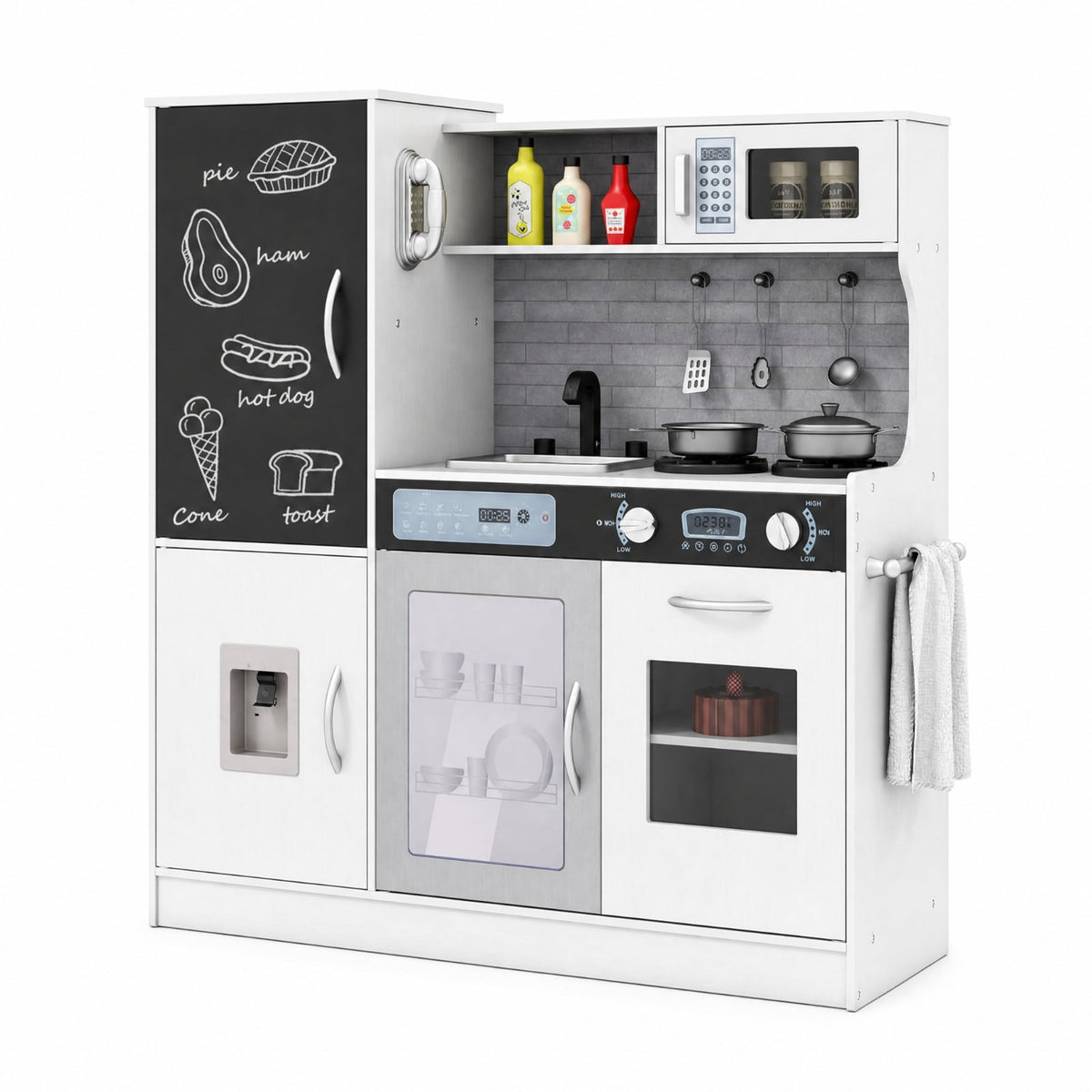 Redsmile Pretend Play Kitchen Set for Kids 3+ Years, Toddler Kitchen Playset with Light-Up Stove, Sound Water Dispenser, Dishwasher, Oven, Chalkboard and Utensils, Christmas Gift, Silver