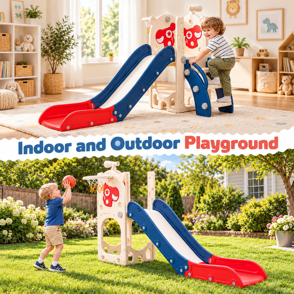 Redsmile 7-in-1 Toddler Slide and Climber Set with Basketball Hoop, Golf Set and Telescope, Foldable Indoor Outdoor Kids Slide Playset for Backyard and Playroom