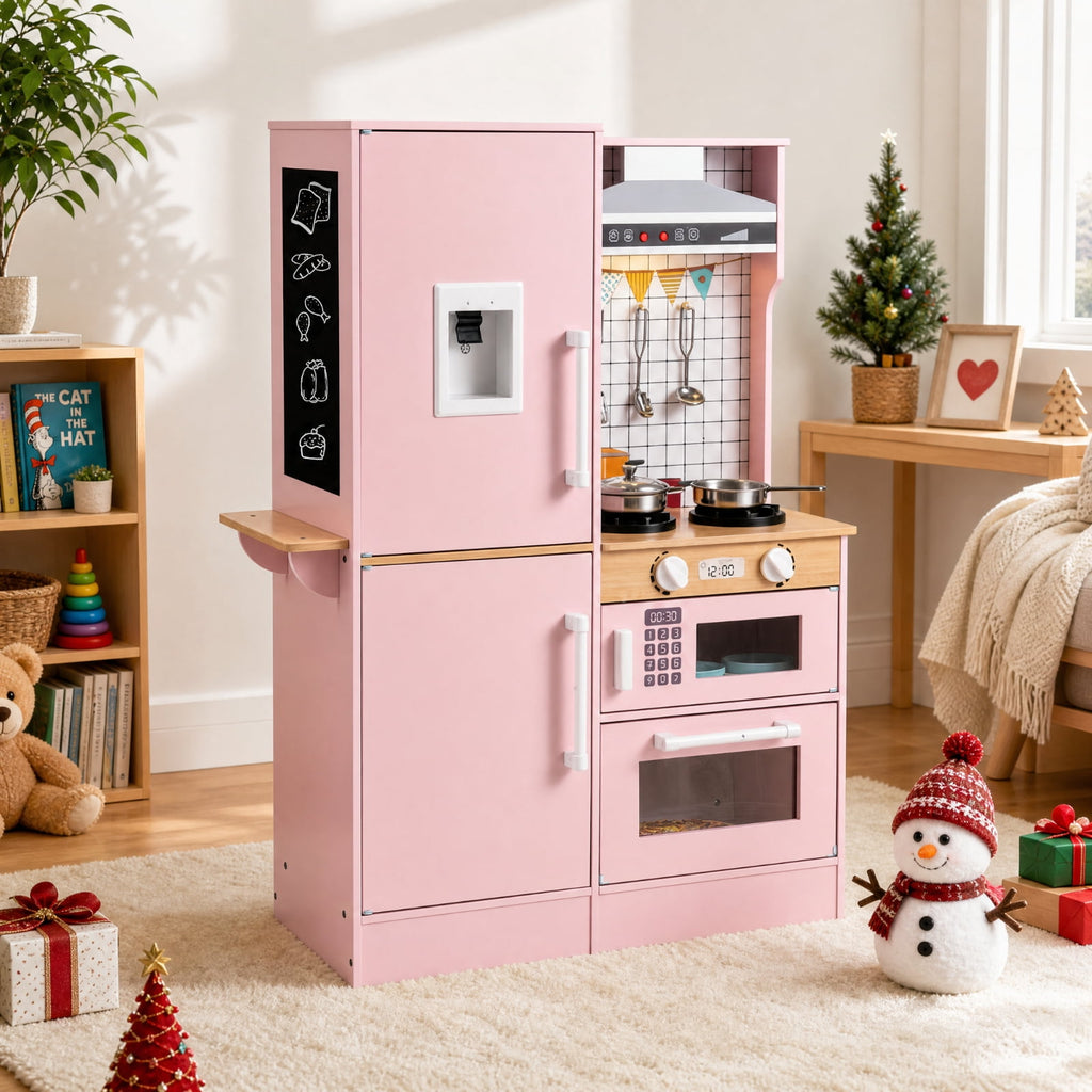Redsmile Dual-Sided Kids Play Kitchen Set for Toddlers 3+ Years, Pretend Play Kitchen with Luminous Range Hood, Water Dispenser, Interactive Stove and Cooking Utensils, Christmas Gift, Pink
