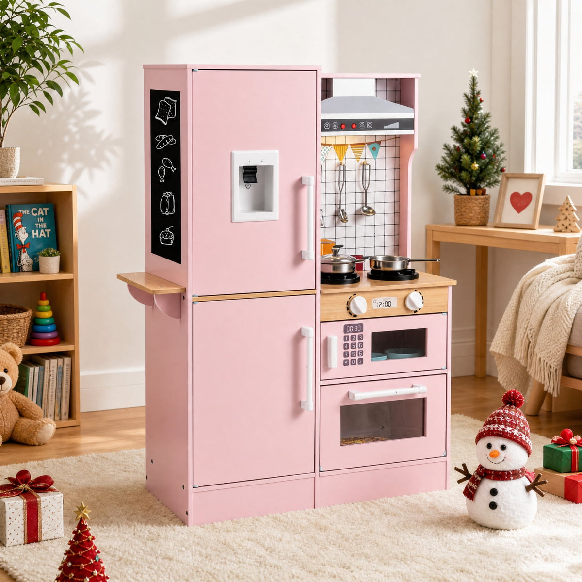 Redsmile Dual-Sided Kids Play Kitchen Set for Toddlers 3+ Years, Pretend Play Kitchen with Luminous Range Hood, Water Dispenser, Interactive Stove and Cooking Utensils, Christmas Gift, Pink