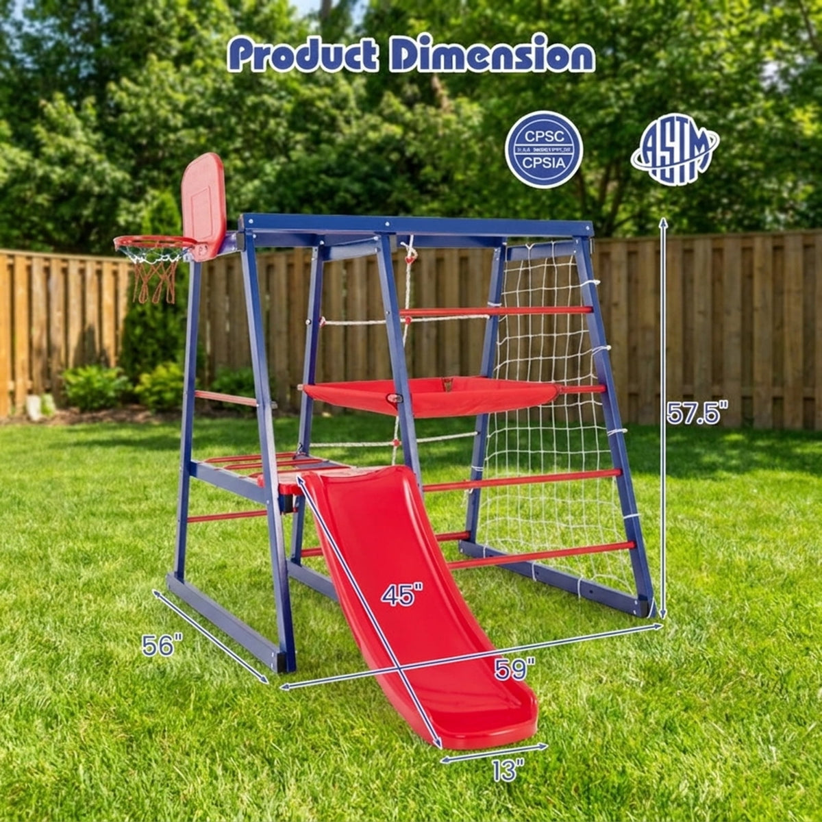 Redsmile 7-in-1 Metal Toddler Climbing Toys for Ages 3-7, Kids Indoor Playground Jungle Gym with Slide, Climbing Net and Rope Ladder, Montessori Climber, Christmas Gift, Red and Blue