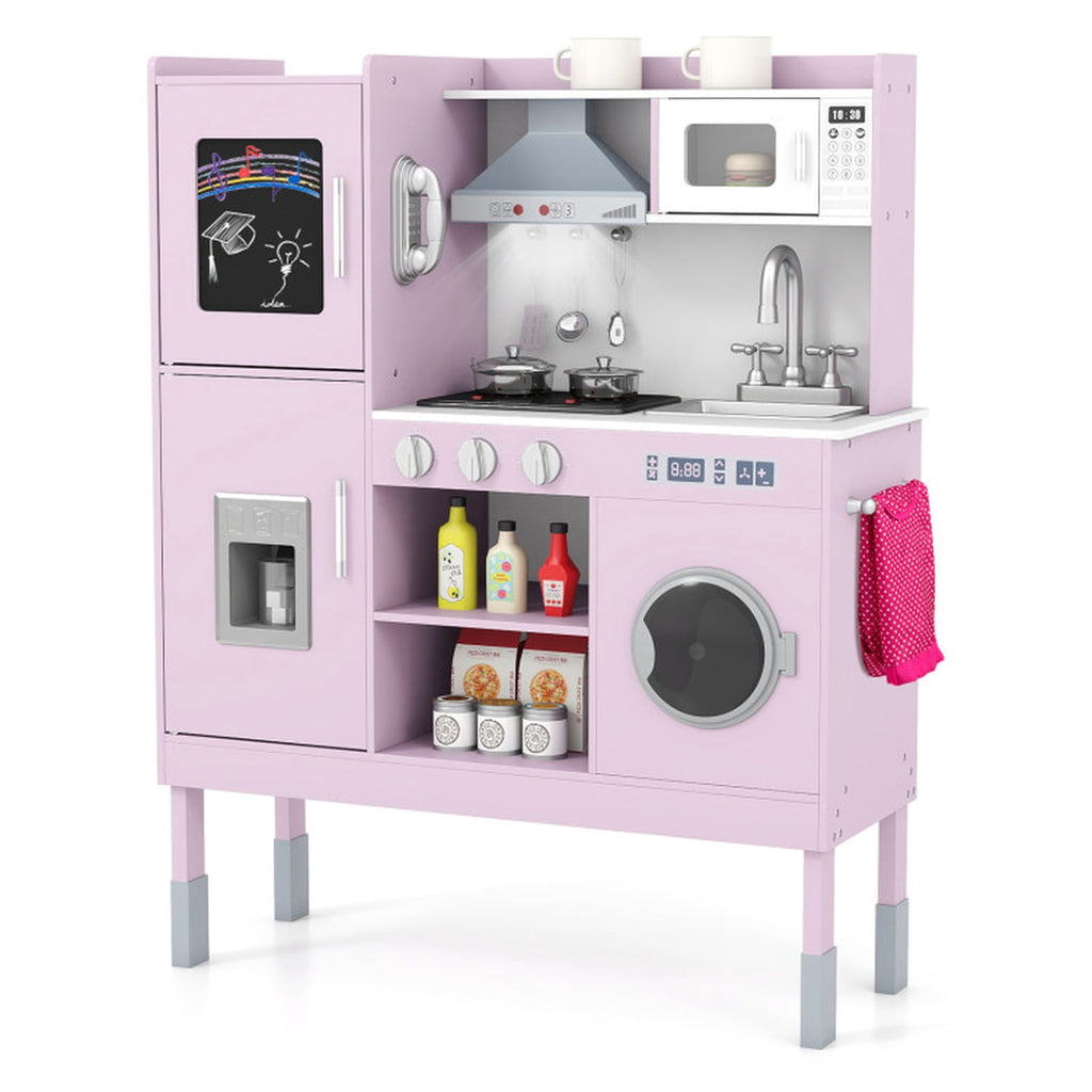 Redsmile Play Kitchen,Wooden Kids Kitchen Playset with Realistic Lights and Sounds,Pretend Play Toy Kitchen with Ice Maker and Range Hood,Gift for Girls Boys Ages 3-10,Pink