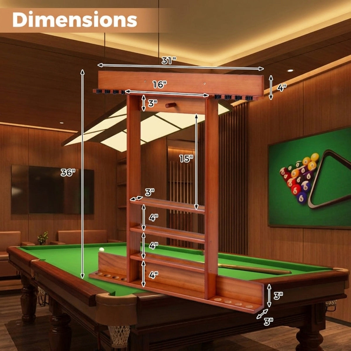 Redsmile Wall-Mounted Billiards Pool Cue Rack, Solid Pine Wood Pool Cue Holder for 8 Cues, 16 Balls, Ball Rack, Brushes and Chalk, Billiard Storage Organizer for Game Room Bar, Brown