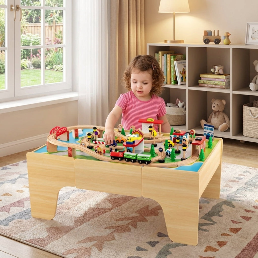 Redsmile 84-Piece Wooden Train Set with Reversible Tabletop and Storage Drawer, Train Set for Kids, Toy Train Set, Train Table with Storage for Toddlers Boys Girls, Christmas Gift, Natural