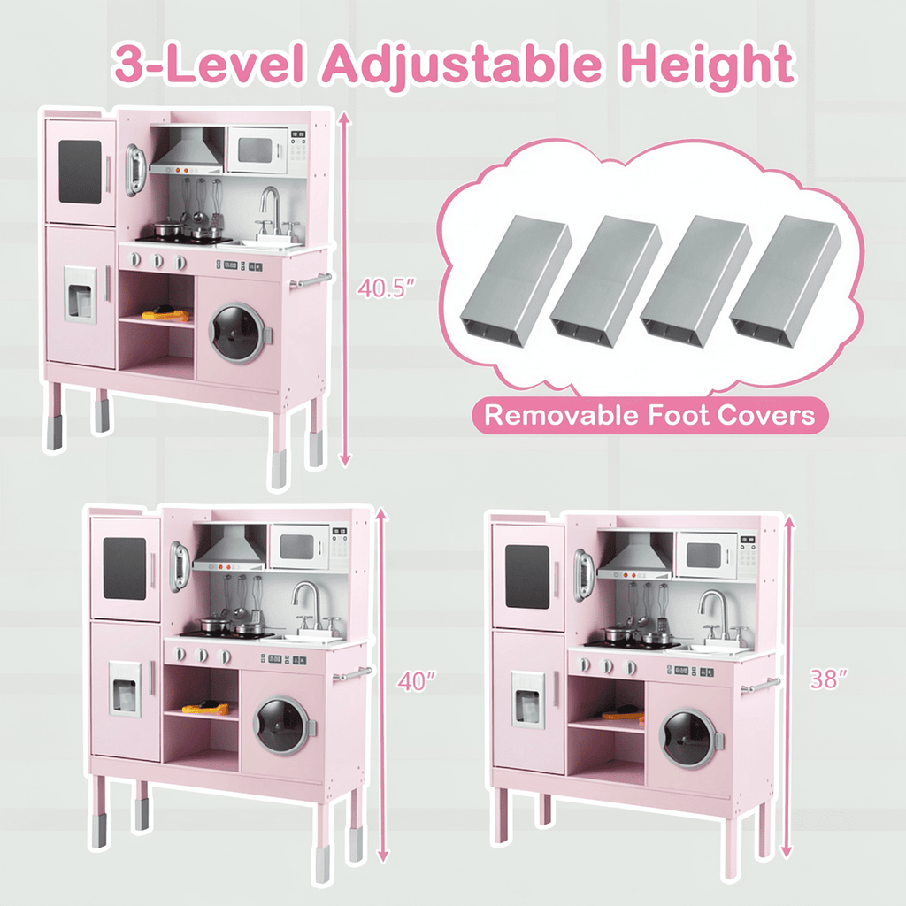 Redsmile Play Kitchen,Wooden Kids Kitchen Playset with Realistic Lights and Sounds,Pretend Play Toy Kitchen with Ice Maker and Range Hood,Gift for Girls Boys Ages 3-10,Pink
