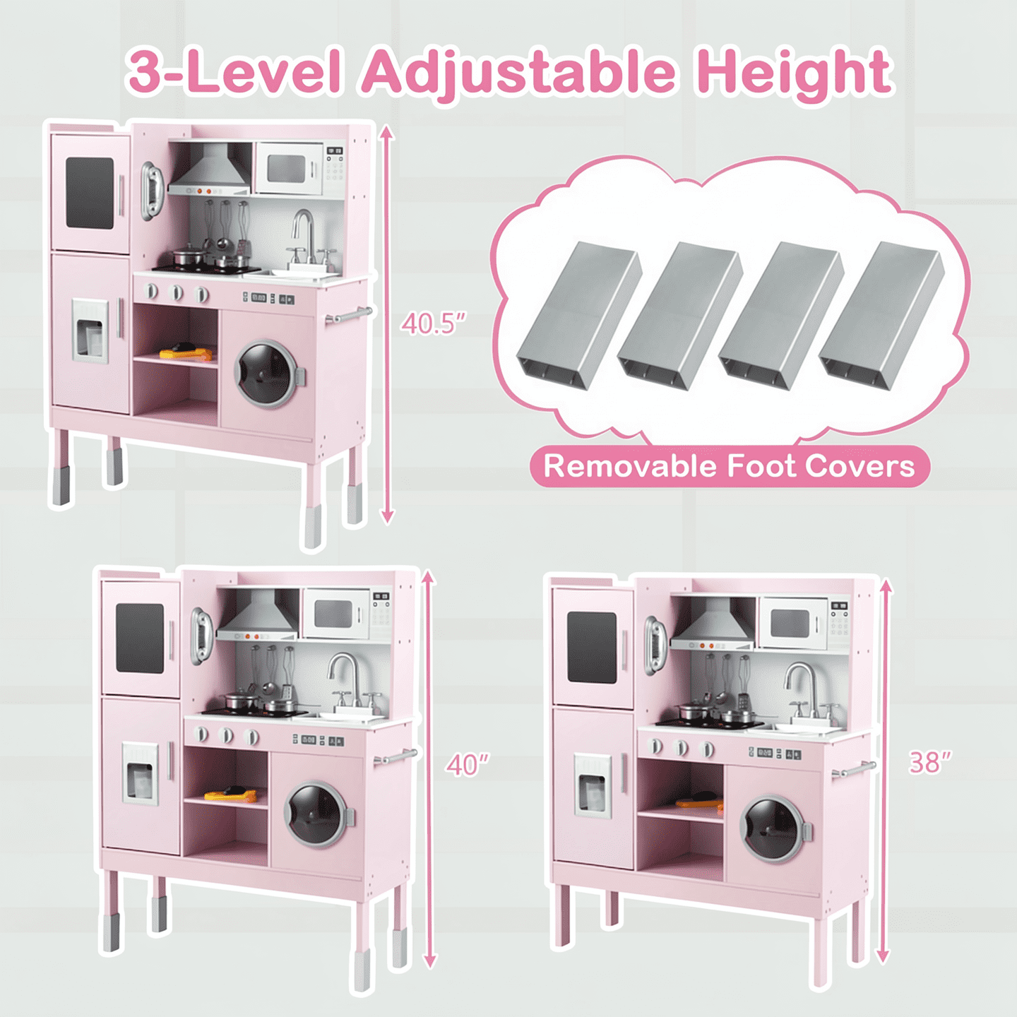 Redsmile Play Kitchen,Wooden Kids Kitchen Playset with Realistic Lights and Sounds,Pretend Play Toy Kitchen with Ice Maker and Range Hood,Gift for Girls Boys Ages 3-10,Pink