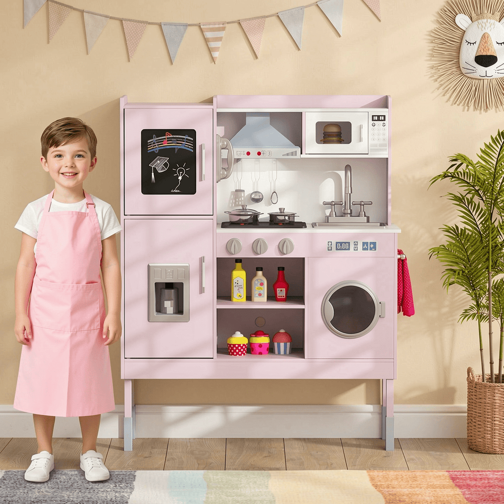 Redsmile Play Kitchen,Wooden Kids Kitchen Playset with Realistic Lights and Sounds,Pretend Play Toy Kitchen with Ice Maker and Range Hood,Gift for Girls Boys Ages 3-10,Pink