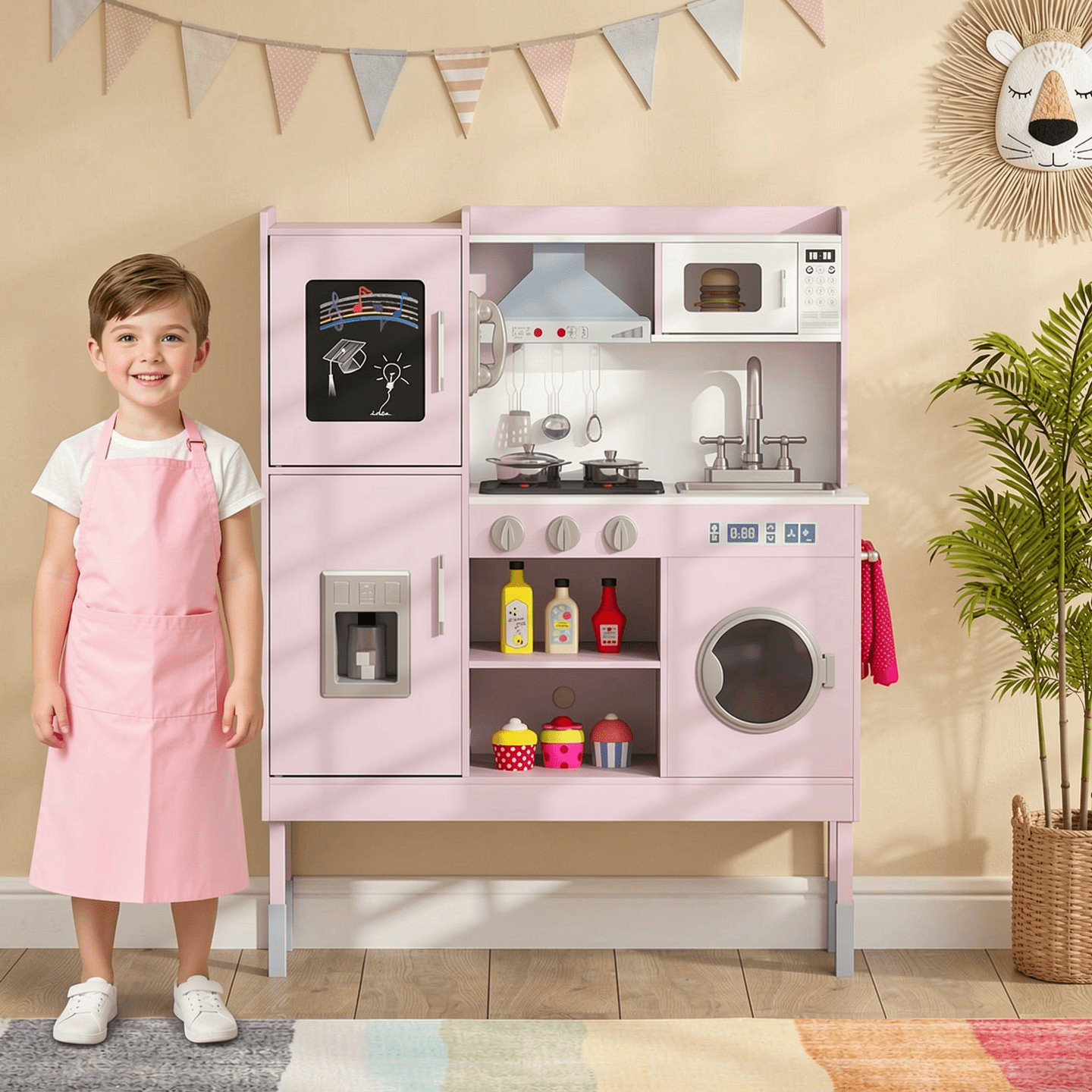 Redsmile Play Kitchen,Wooden Kids Kitchen Playset with Realistic Lights and Sounds,Pretend Play Toy Kitchen with Ice Maker and Range Hood,Gift for Girls Boys Ages 3-10,Pink