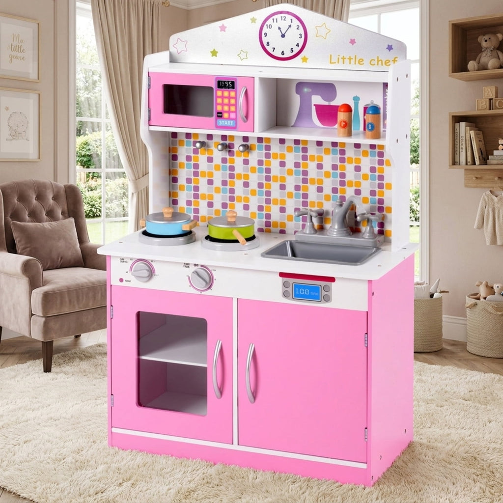 Redsmile Wooden Play Kitchen for Kids, Pretend Cooking Playset with Cookware Accessories, Toddler Kitchen Toy, Pink