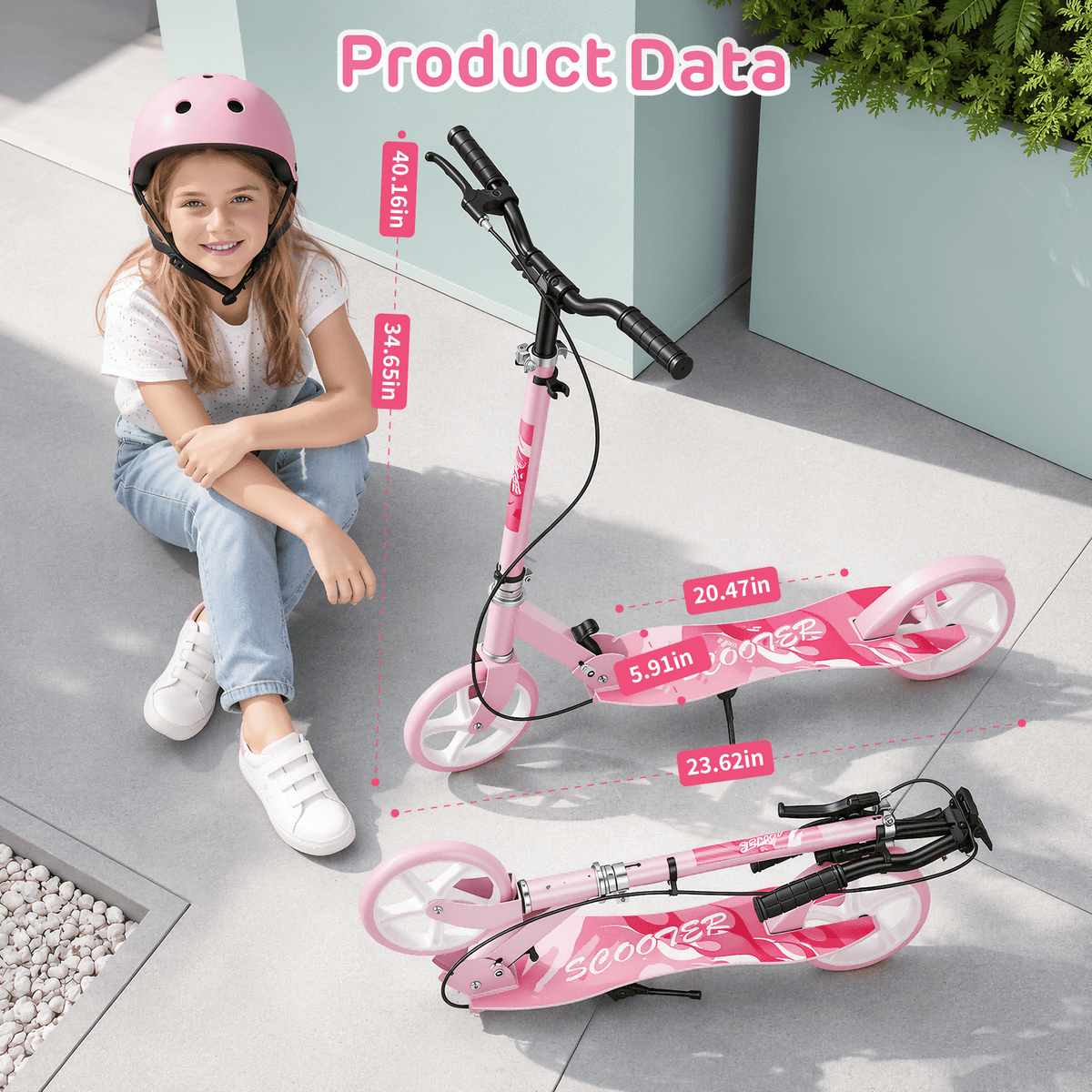 Redsmile Kick Scooter with 4 Adjustable Levels,Folding Commuter Scooter with Dual Brakes and 8 Inch Big Wheels for Teens and Adults,Pink