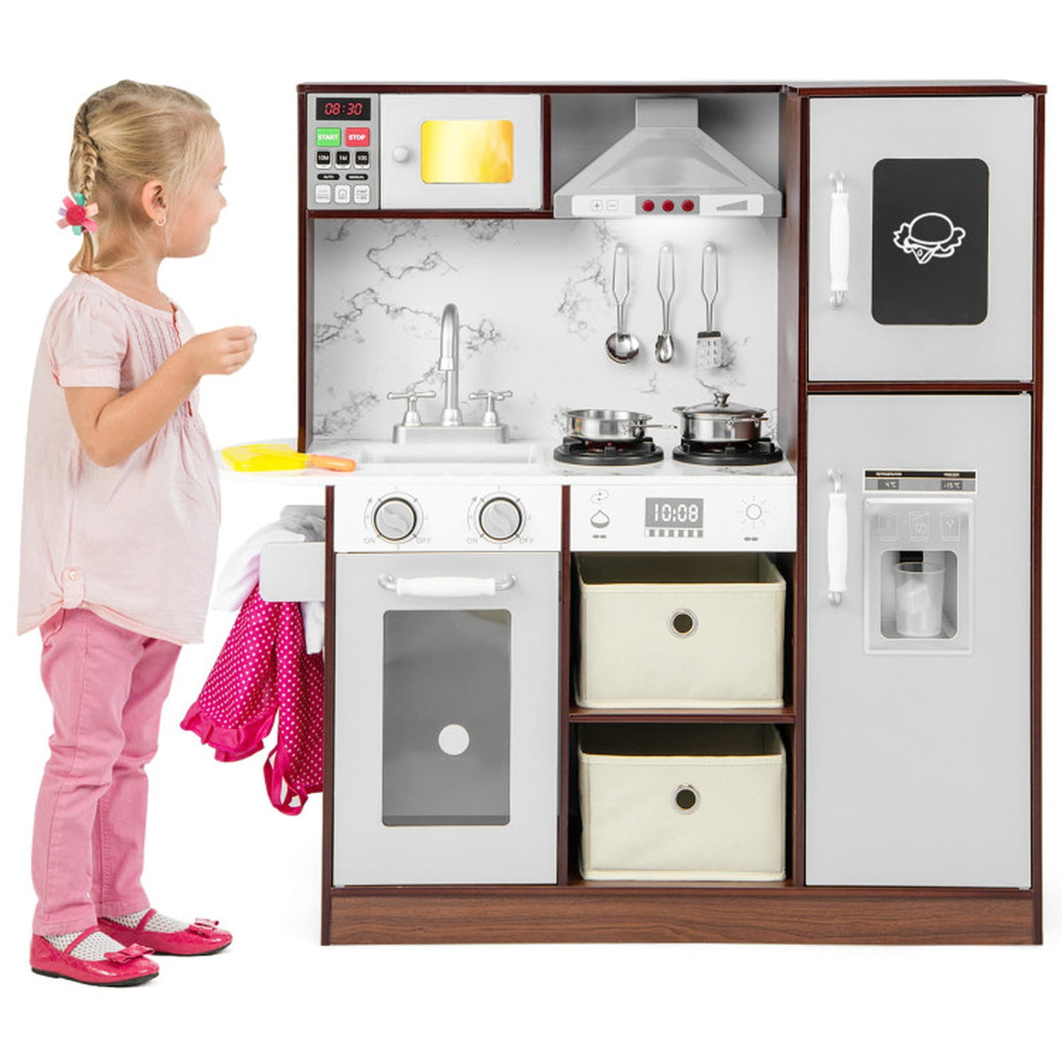 Redsmile Modern Kids Play Kitchen with Lights and Sounds, Wooden Pretend Play Kitchen Set with Ice Maker Chalkboard Fabric Drawers and 13 Accessories, Toddler Playset for Ages 3+, Coffee