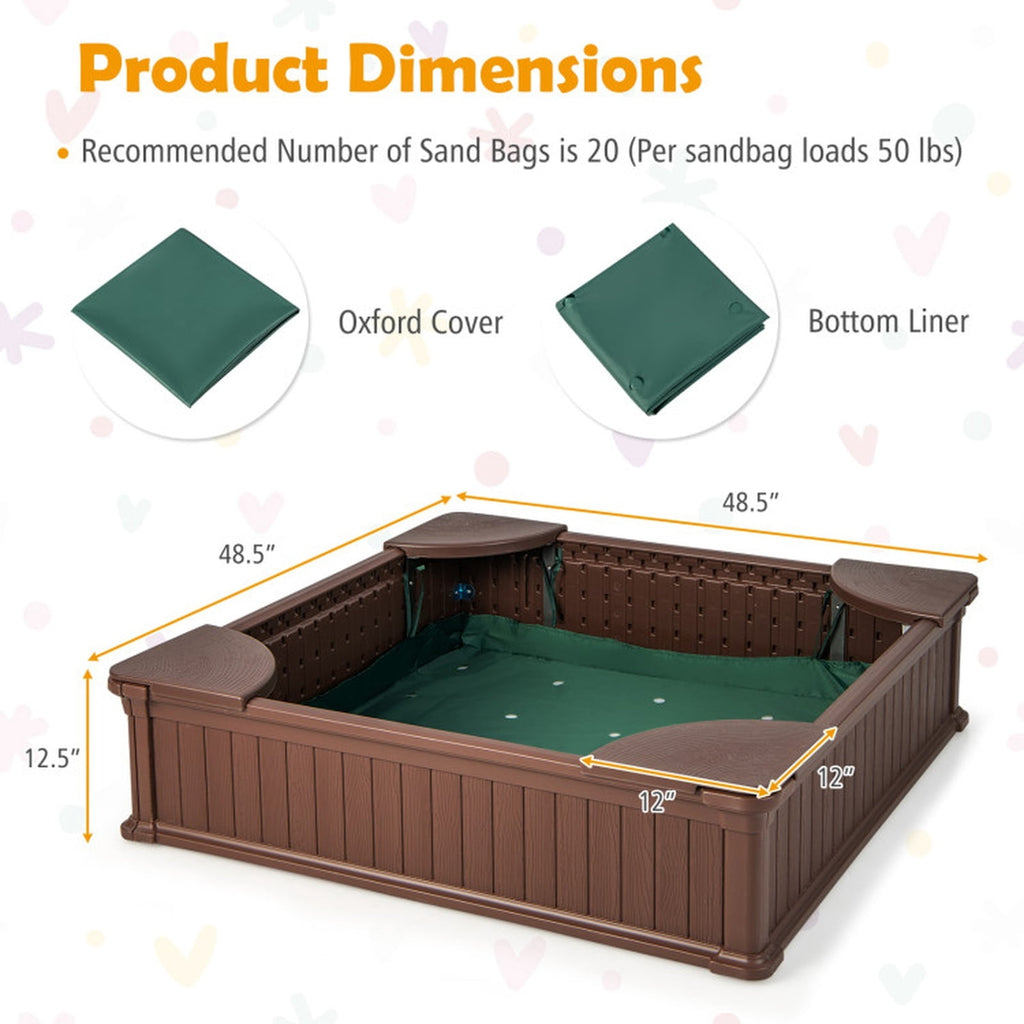 Redsmile Kids Sandbox for Backyard, 48 Inch Outdoor Sandbox with Cover and 4 Corner Seats, Weatherproof Sand Play Box, Brown