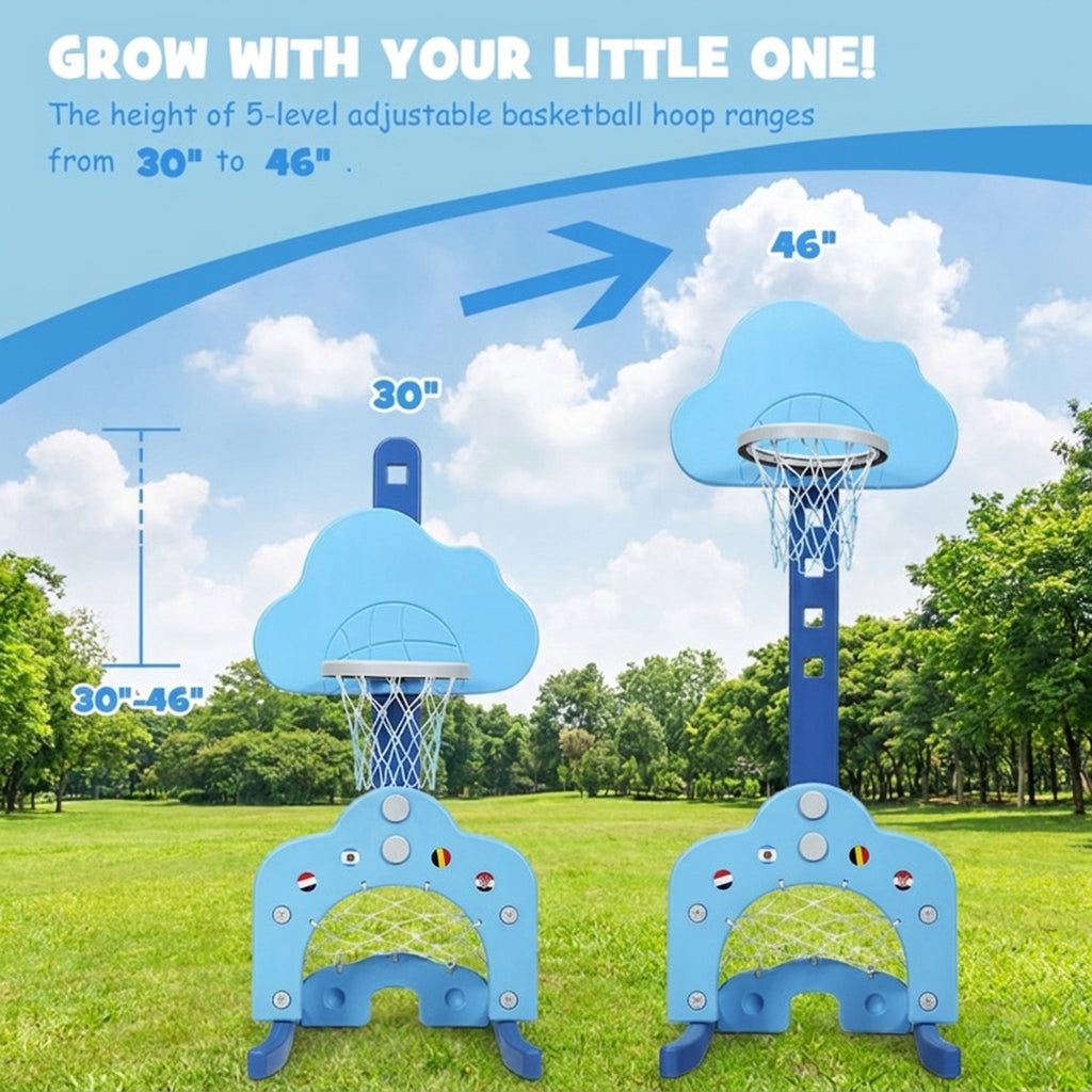 Redsmile Kids Basketball Hoop Set, 3-in-1 Sports Set with Basketball Soccer and Golf, Adjustable Height Toddler Sports Toy, Blue
