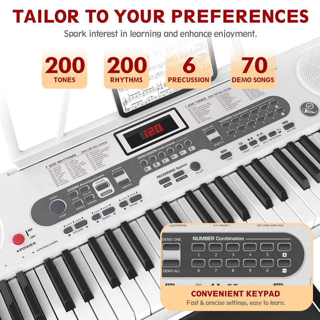 Redsmile 61 Key Piano Keyboard with Lighted Keys Stand Bench Microphone Headphone and Built-in Speakers for Beginners, White
