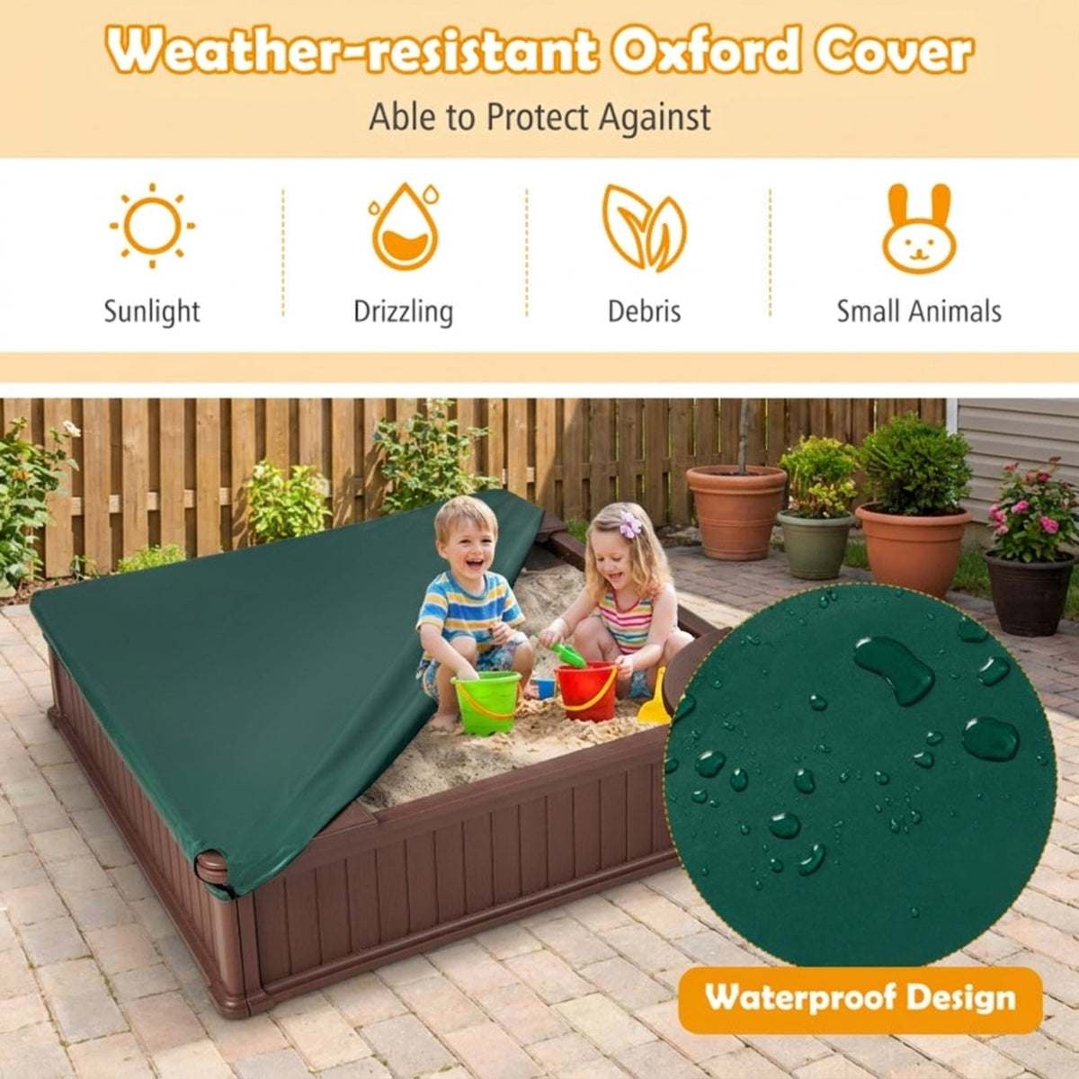 Redsmile Kids Sandbox for Backyard, 48 Inch Outdoor Sandbox with Cover and 4 Corner Seats, Weatherproof Sand Play Box, Brown