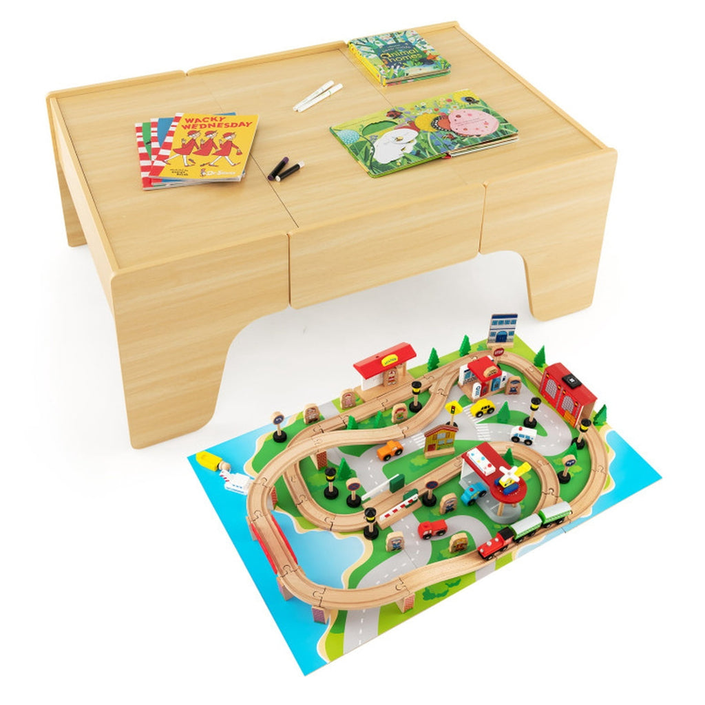 Redsmile 84-Piece Wooden Train Set with Reversible Tabletop and Storage Drawer, Train Set for Kids, Toy Train Set, Train Table with Storage for Toddlers Boys Girls, Christmas Gift, Natural