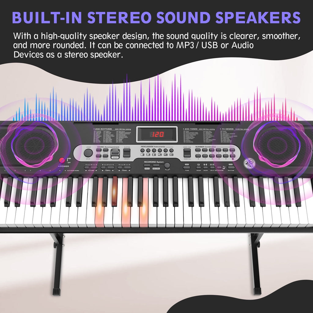 Redsmile 61 Key Piano Keyboard with Lighted Keys Stand Bench Microphone Headphone and Built-in Speakers for Beginners, Black