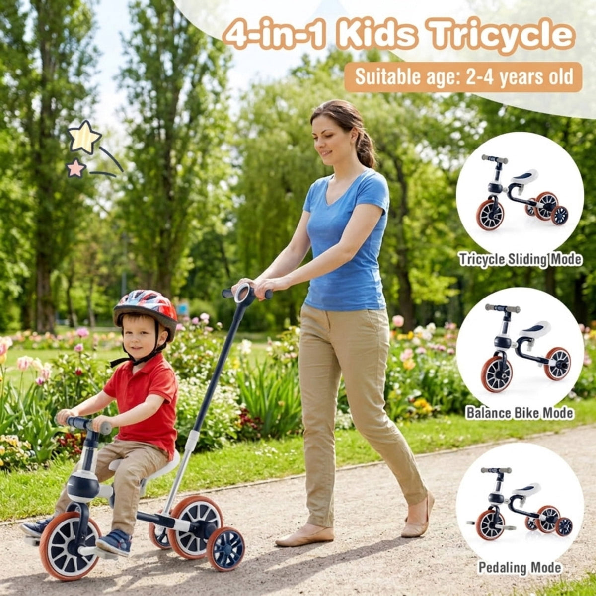 Redsmile Kids Tricycle 4-in-1 Trike Bike for Toddlers Ages 2-4 with Adjustable Parent Push Handle and Seat Height, Carbon Steel Frame Holds 66 lbs, Multicolor