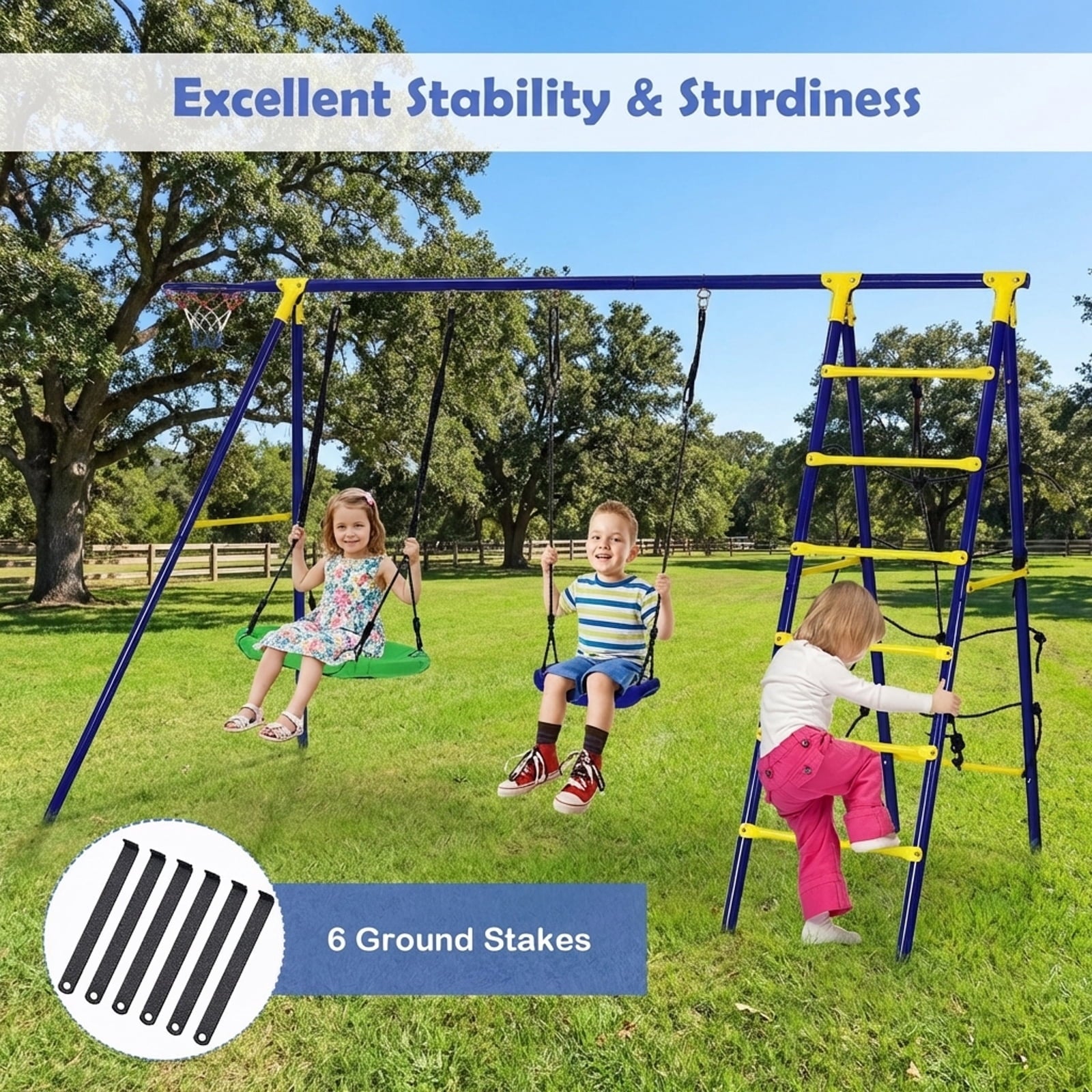 Redsmile 5-In-1 Outdoor Kids Swing Set with A-Shaped Metal Frame and Ground Stake - Blue - Backyard Play