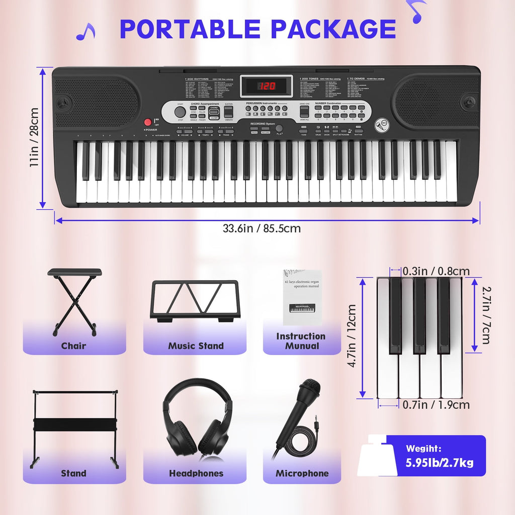 Redsmile 61-Key Electric Keyboard Piano Beginners Piano Keyboard with LCD Display and 3 Learning Modes