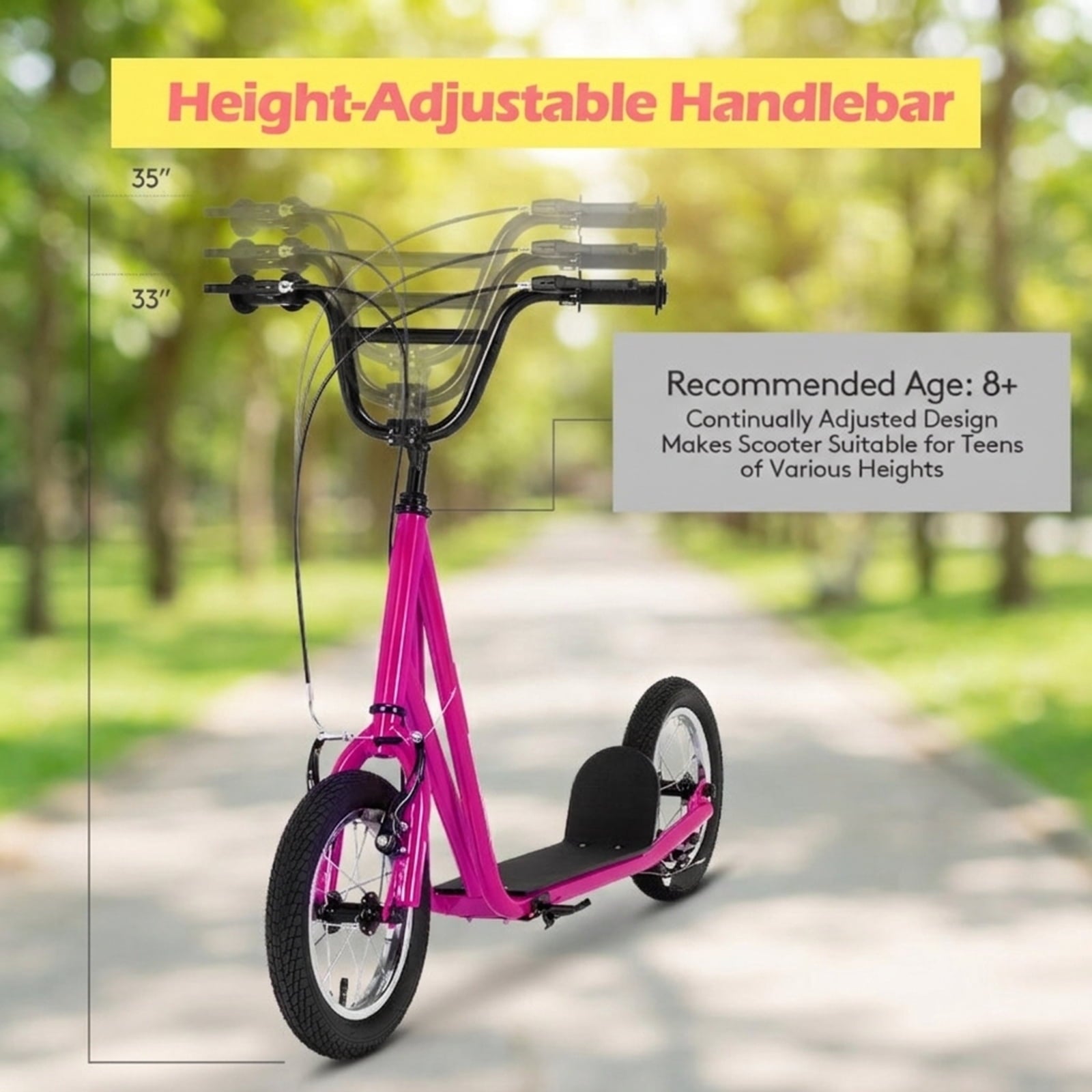 Redsmile Kids Scooter with 12 Inch Air Wheel, Height Adjustable Kick Scooter Holds 165 lb for Big Kids and Teens, Pink