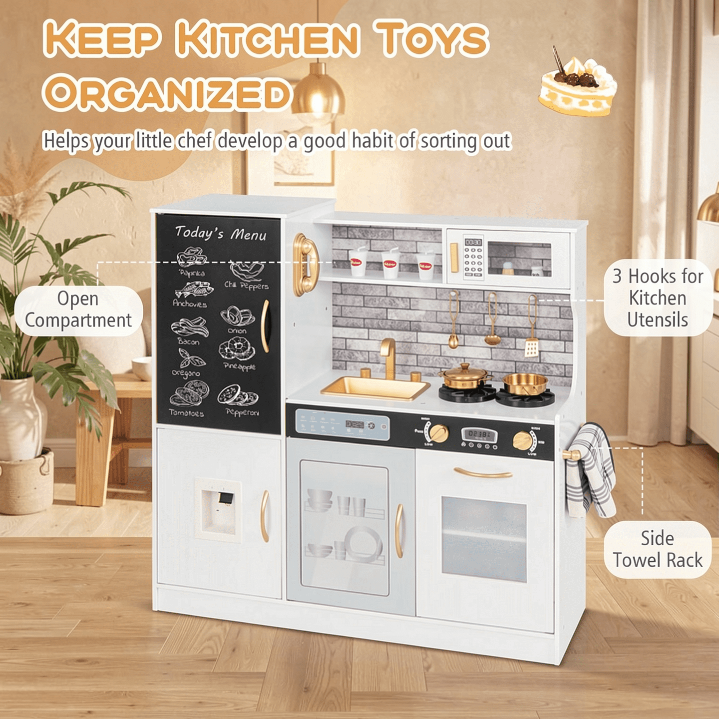 Redsmile Play Kitchen,Wooden Kids Kitchen Playset with Dish Washable Machine,Oven,Realistic Lights and Sounds,Pretend Play Toy Kitchen Gift for Girls Boys Ages 3-10,White