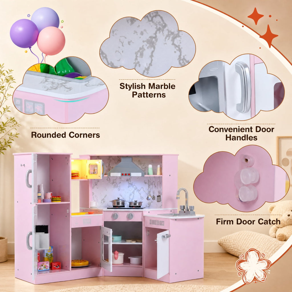 Redsmile Kids Corner Play Kitchen Set for Toddlers 3+ Years, Pretend Play Kitchen with Separated Washing Basin, Rotary Faucet, Sound and Light Range Hood, Chalkboard and 14 Accessories, Pink
