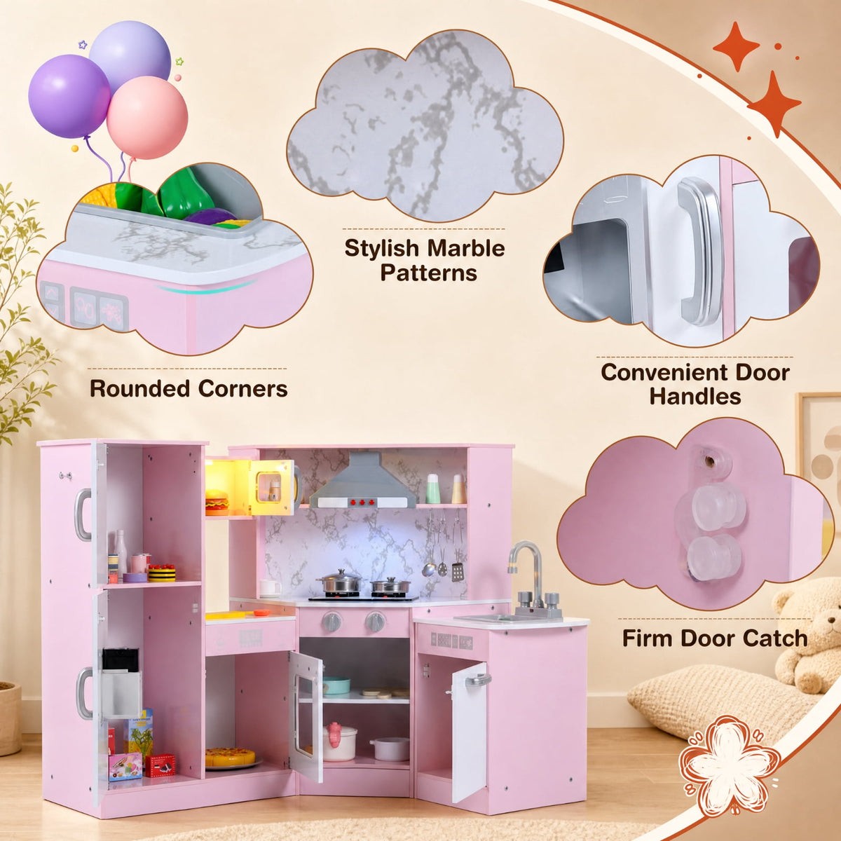 Redsmile Kids Corner Play Kitchen Set for Toddlers 3+ Years, Pretend Play Kitchen with Separated Washing Basin, Rotary Faucet, Sound and Light Range Hood, Chalkboard and 14 Accessories, Pink
