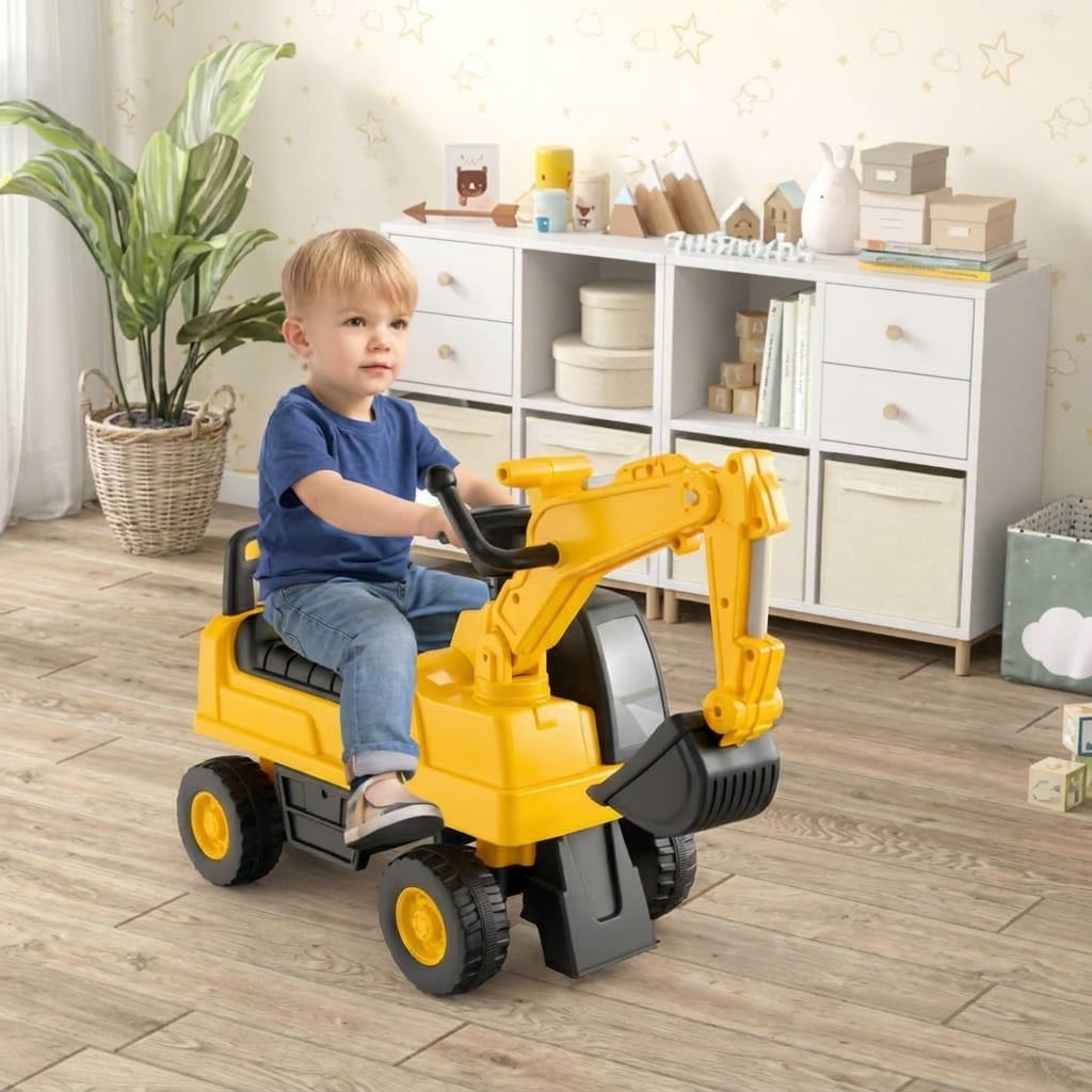 Redsmile Kids Ride On Digger Excavator Toy for Toddlers, Licensed CAT Sit-On Construction Vehicle with Working Shovel Arm, Foot-to-Floor Push Ride-On, Holds 55 lbs, Yellow