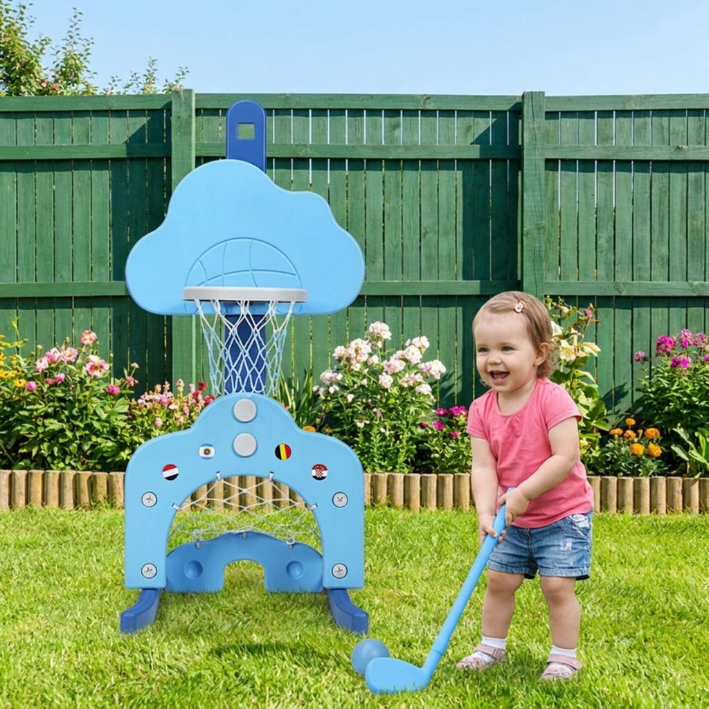 Redsmile Kids Basketball Hoop Set, 3-in-1 Sports Set with Basketball Soccer and Golf, Adjustable Height Toddler Sports Toy, Blue