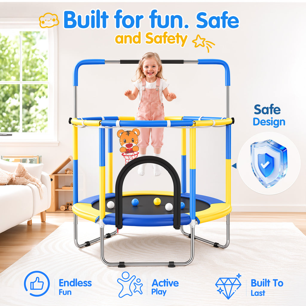 Redsmile 55 Inch Trampoline for Kids with Safety Net, 3-Level Adjustable Height, 500lb Capacity Indoor and Outdoor Jumper with Basketball Hoop for Boys and Girls, Blue