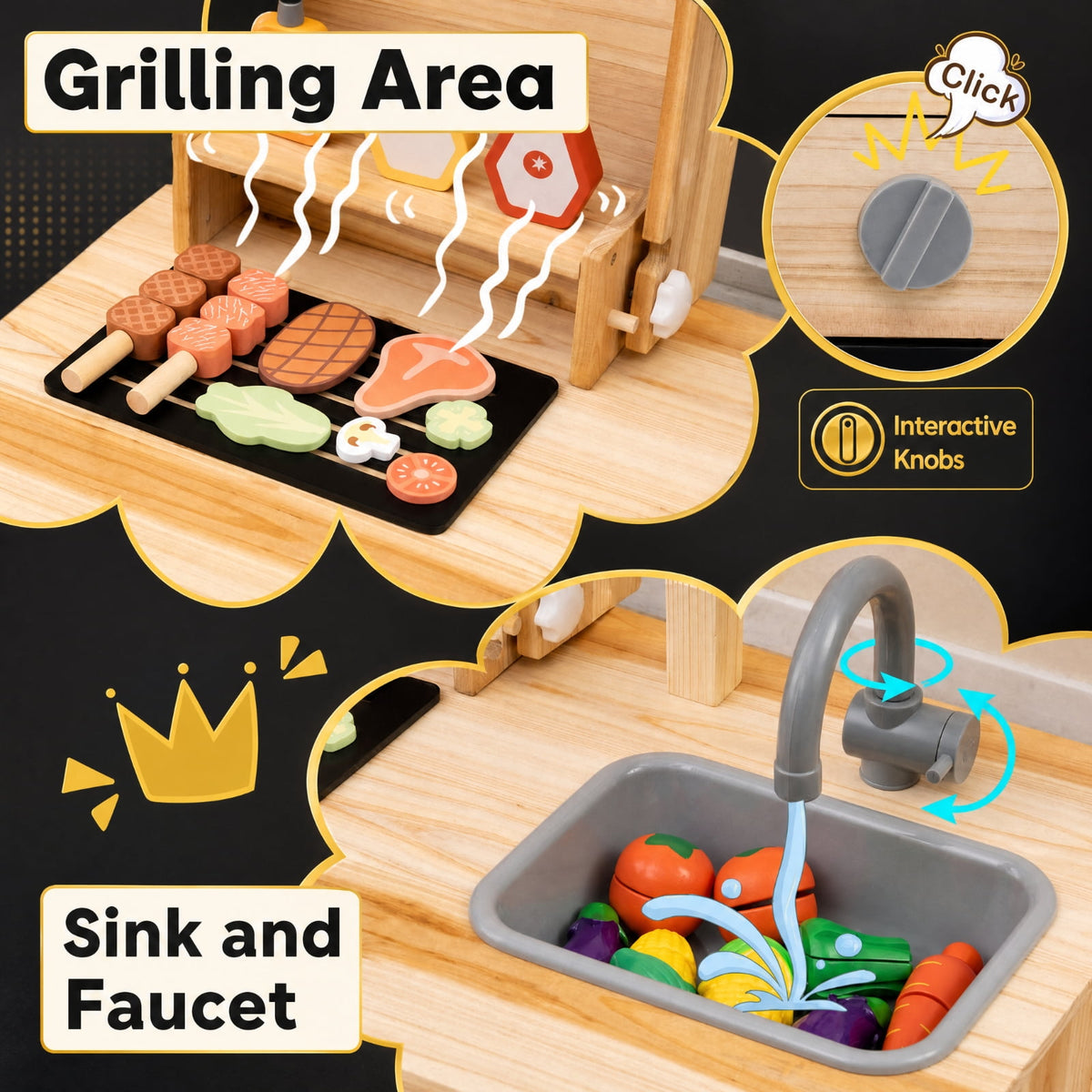 Redsmile Wooden BBQ Grill Playset for Kids with Chalkboard Sink and Cabinet, Pretend Play Barbecue Kitchen Set with 25 Accessories Grilling Tools and Play Food, Toddler Playset, Natural