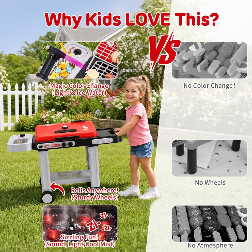 Redsmile Kids BBQ Grill Toy with Spray Light and Sound, Color-Changing Play Food Set, Pretend Play Kitchen Toy for Boys Girls